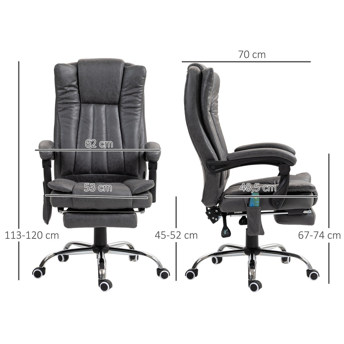Office armchair with massage and heat function, height adjustable and fold-out footrest, ergonomic, 62 x 70 x 113-120 cm, gray