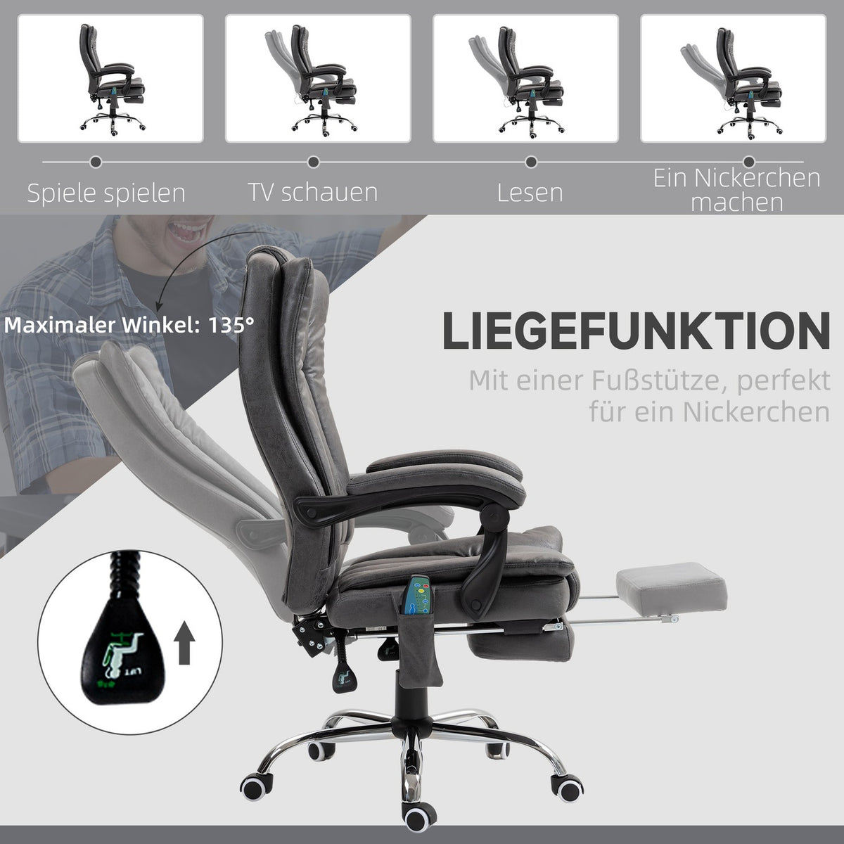 Office armchair with massage and heat function, height adjustable and fold-out footrest, ergonomic, 62 x 70 x 113-120 cm, gray