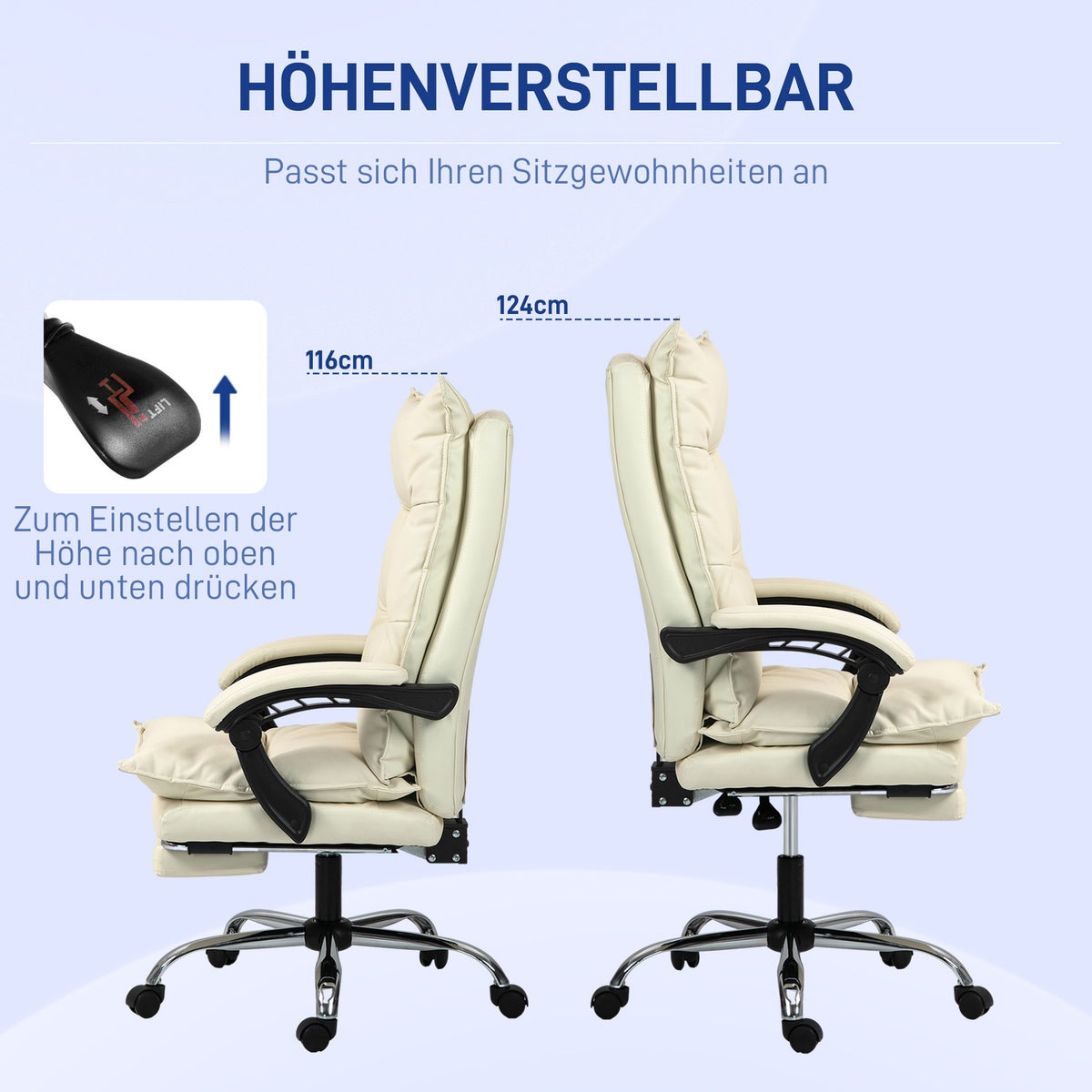 Office chair, 155° tiltable, height-adjustable desk chair with reclining function, footrest, ergonomic swivel chair, beige