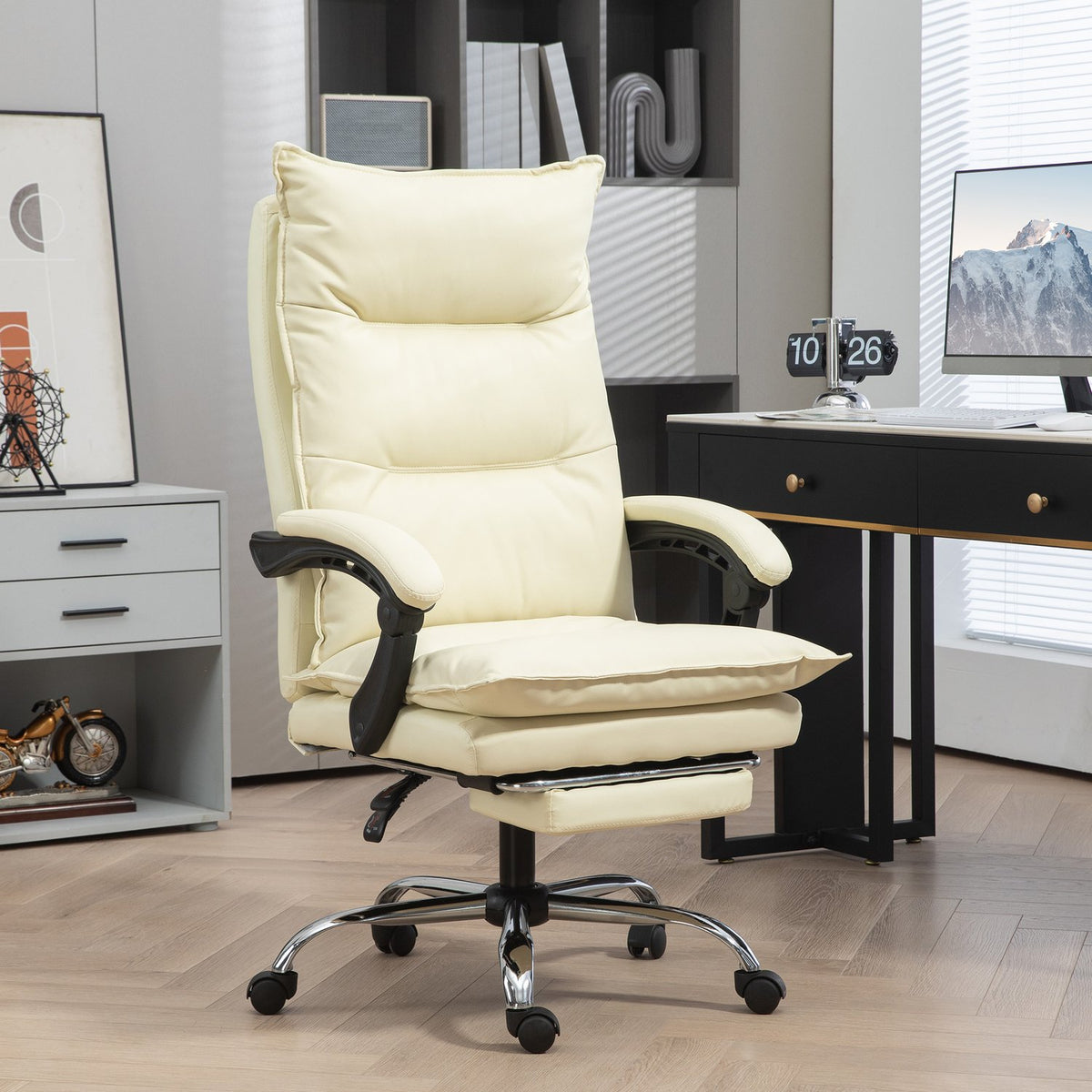Office chair, 155° tiltable, height-adjustable desk chair with reclining function, footrest, ergonomic swivel chair, beige