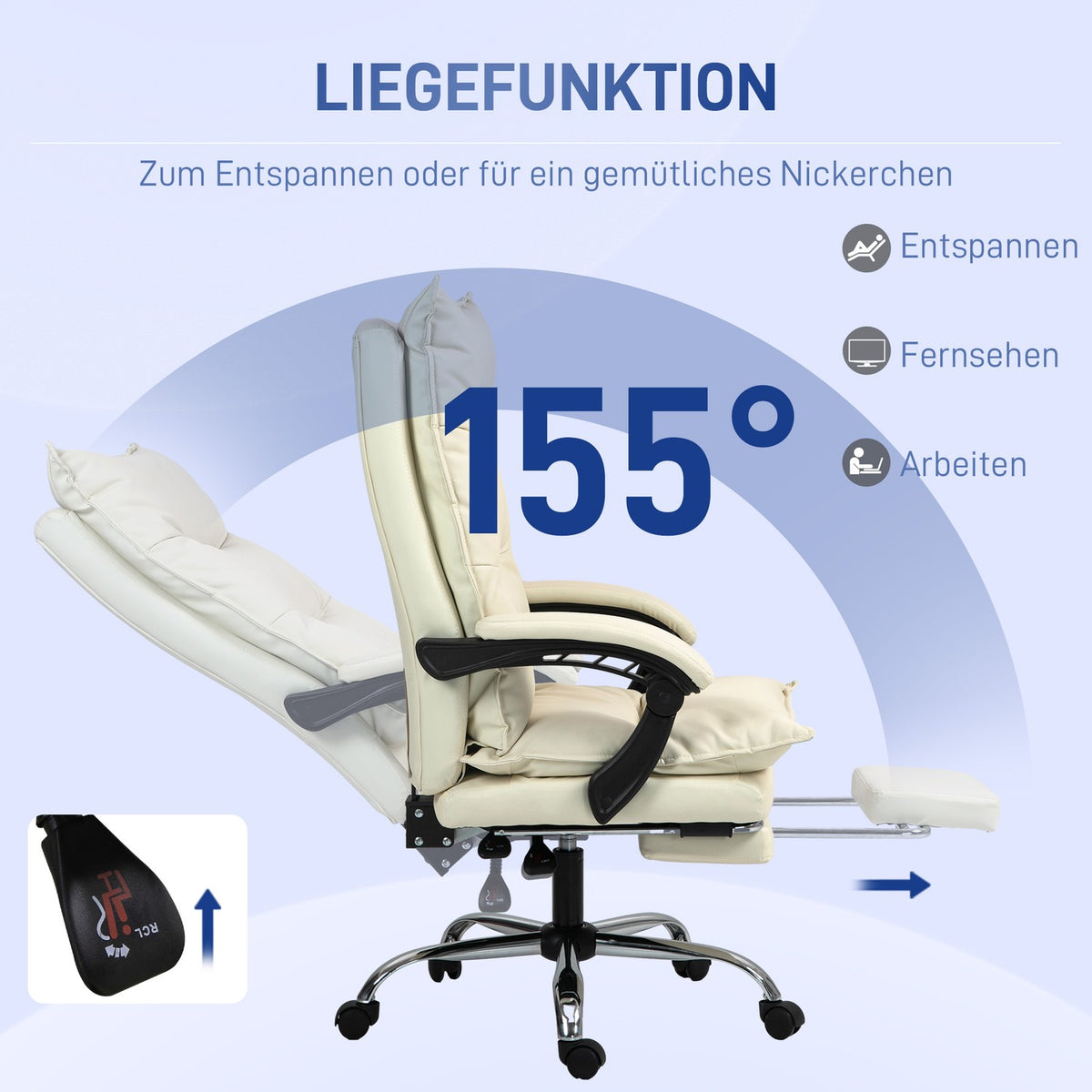 Office chair, 155° tiltable, height-adjustable desk chair with reclining function, footrest, ergonomic swivel chair, beige
