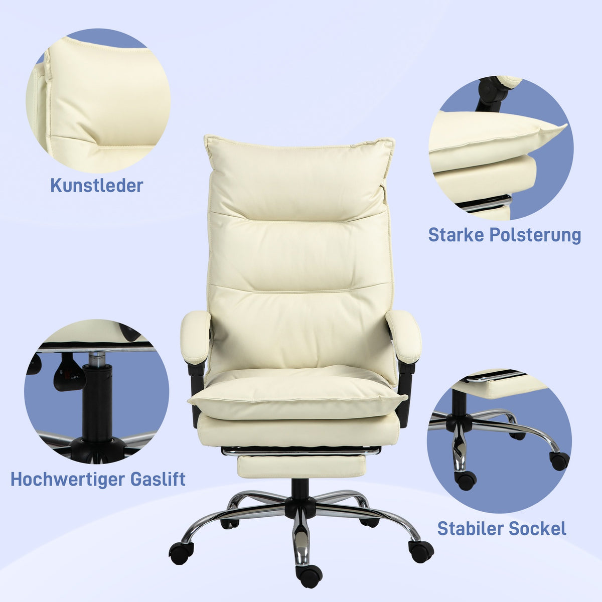Office chair, 155° tiltable, height-adjustable desk chair with reclining function, footrest, ergonomic swivel chair, beige
