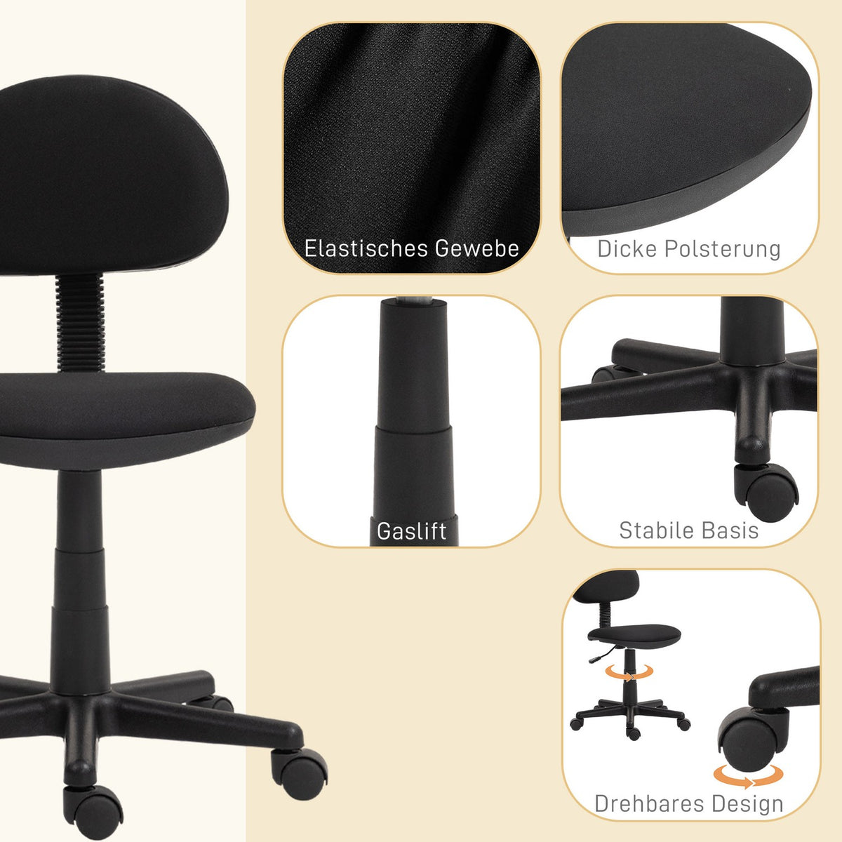Office chair, armless design, low back, rollable, swivel, black