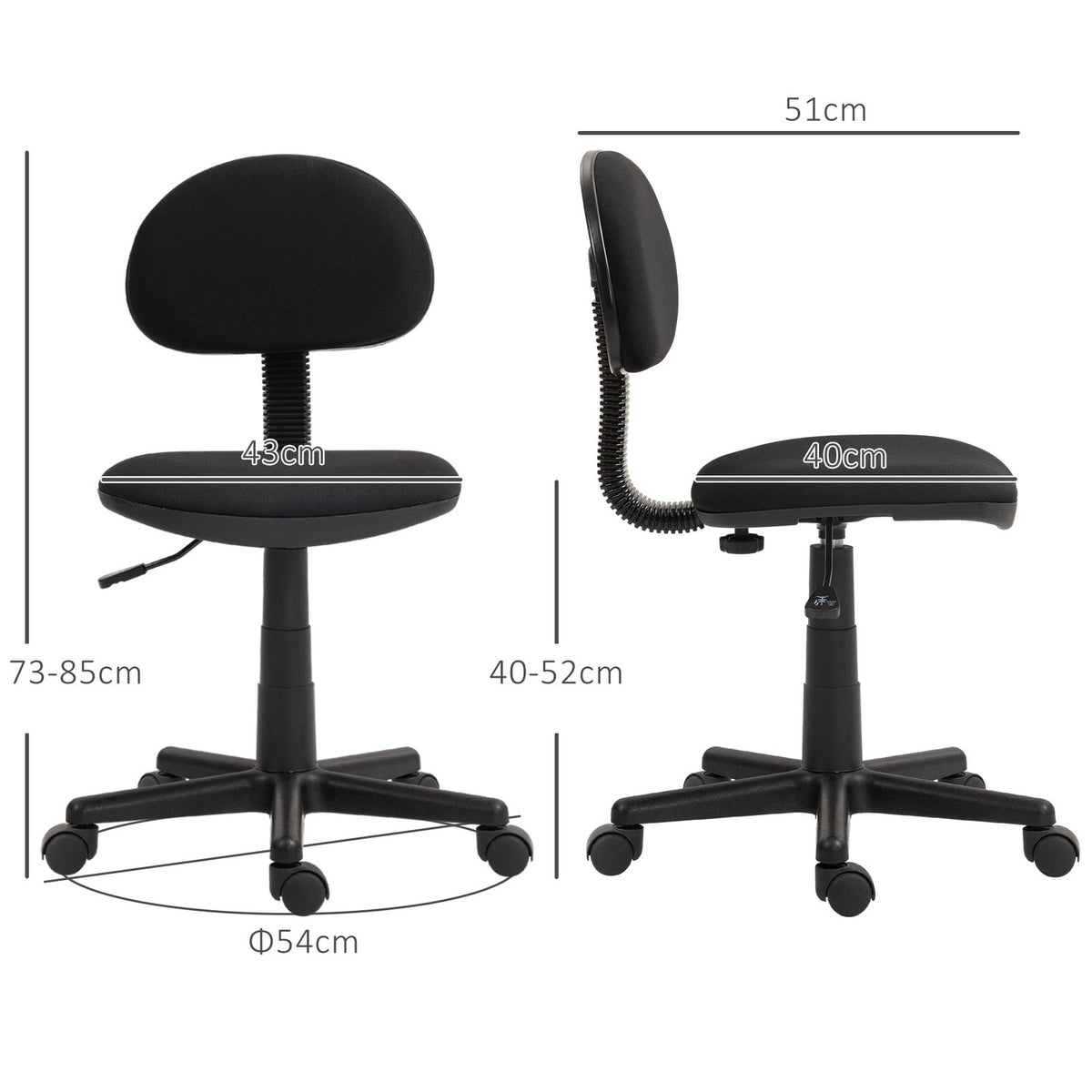 Office chair, armless design, low back, rollable, swivel, black