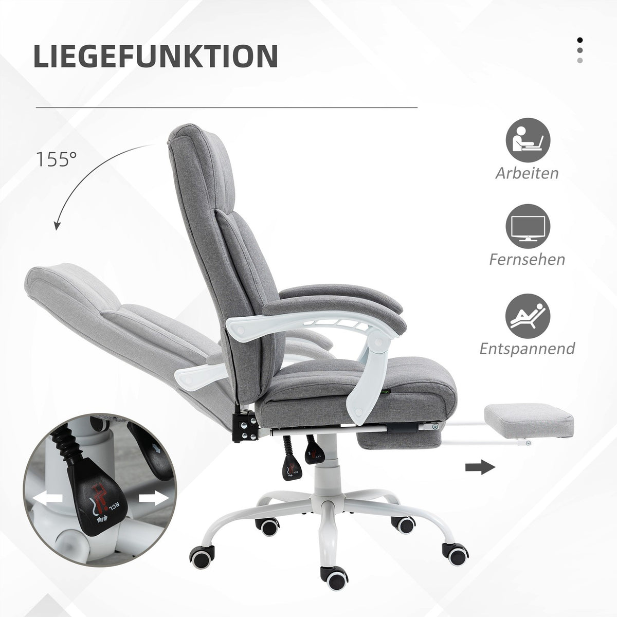 Office chair backrest adjustable, 155°, ergonomic desk chair with reclining function, height adjustable