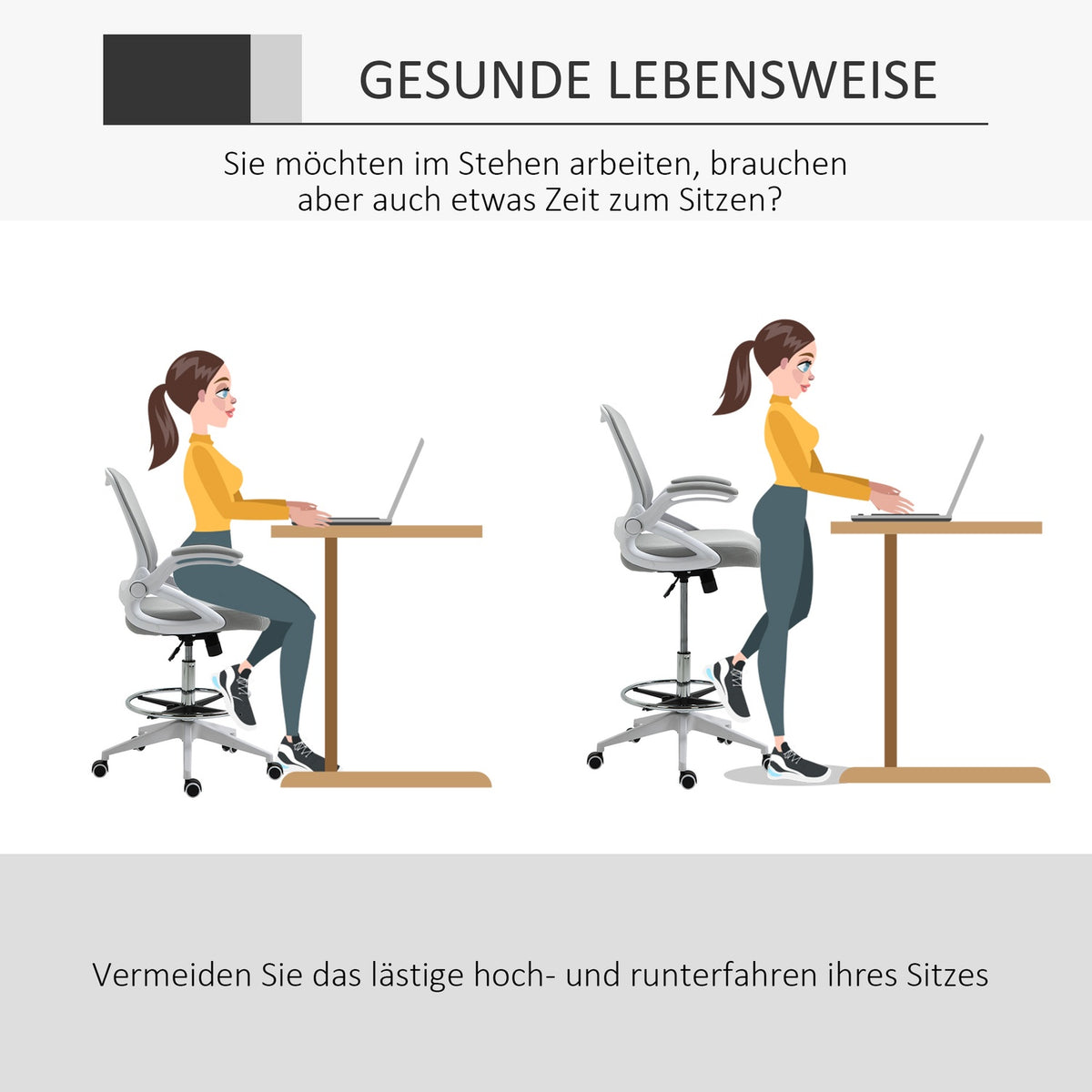 Office chair, desk chair, standing function, with footrest, swivel seat, steel, black, 64 x 60 x 106-126 cm