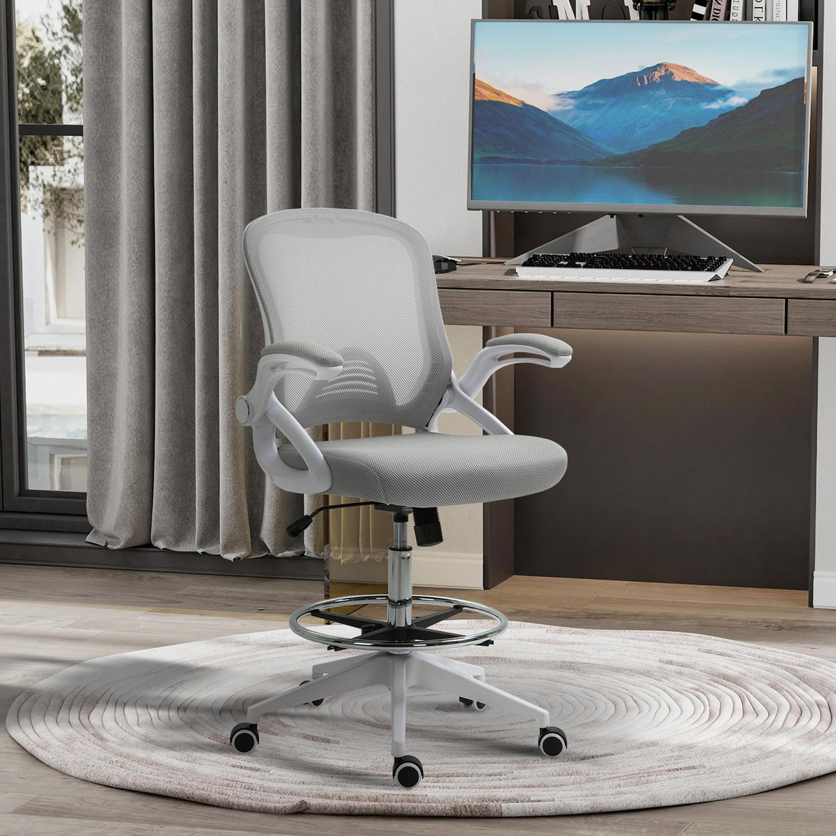 Office chair, desk chair, standing function, with footrest, swivel seat, steel, black, 64 x 60 x 106-126 cm