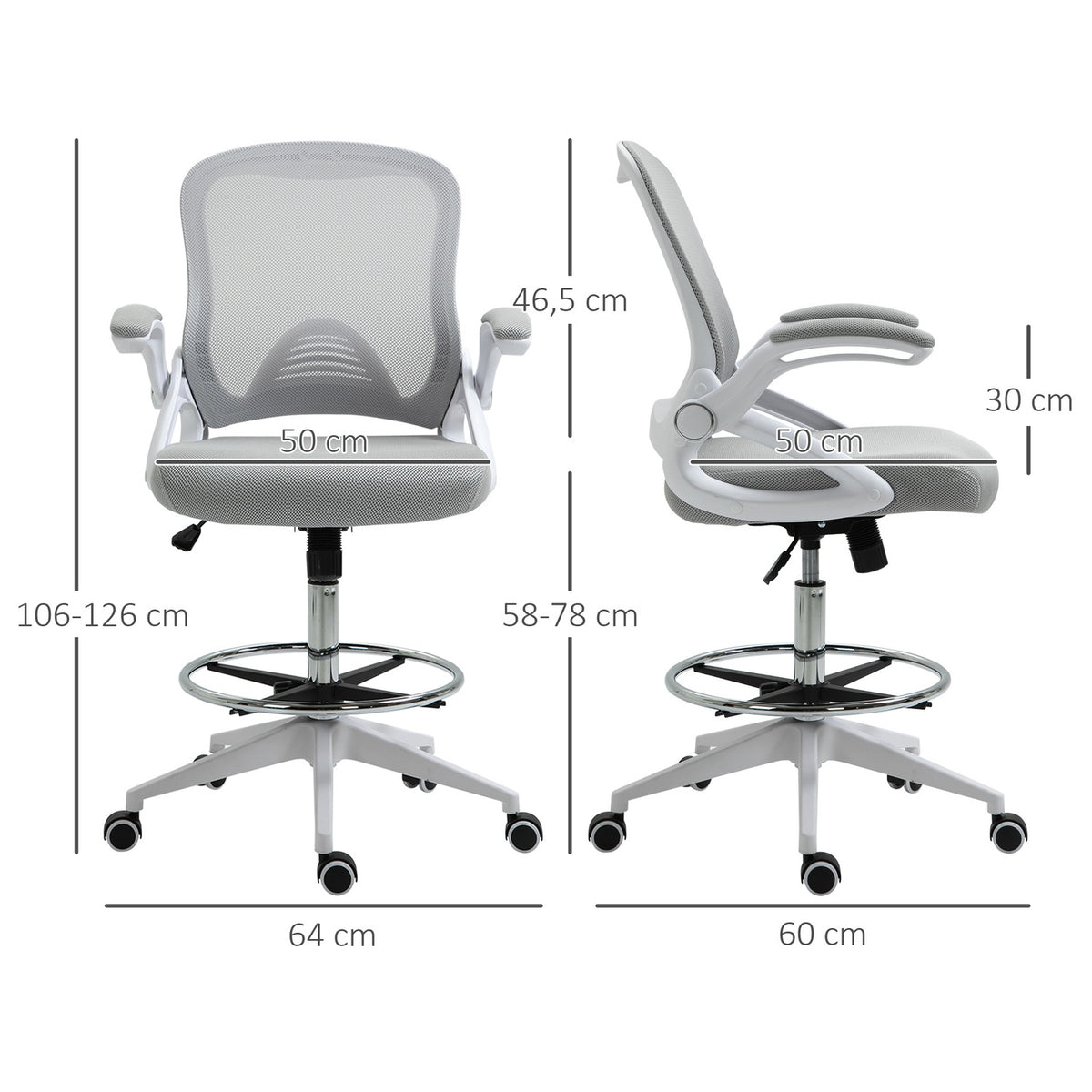 Office chair, desk chair, standing function, with footrest, swivel seat, steel, black, 64 x 60 x 106-126 cm