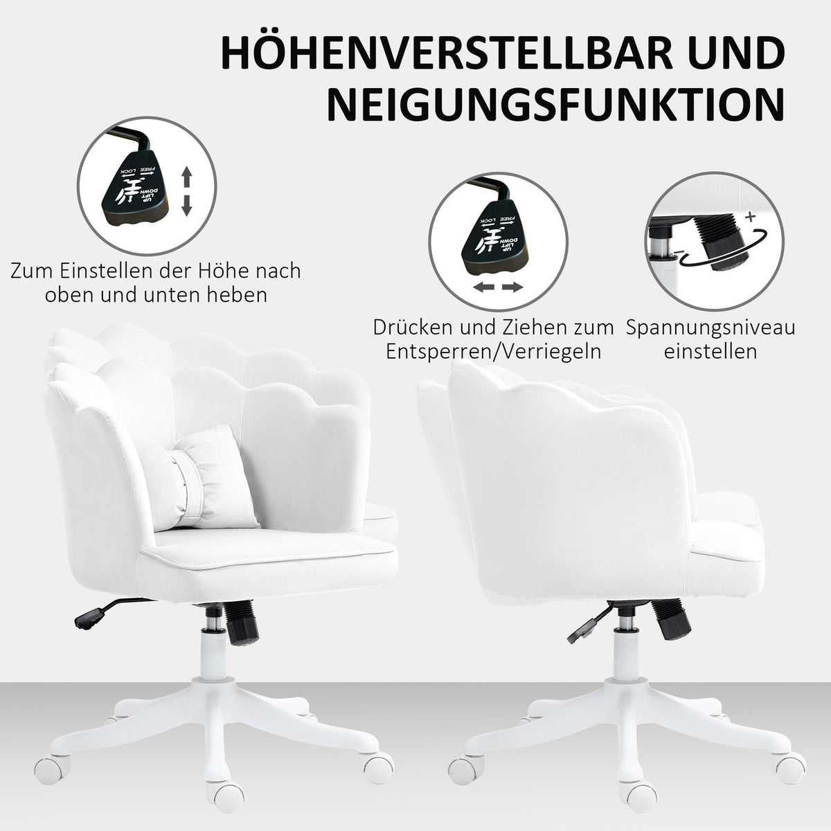 Office chair, desk chair with armrest, rocker function, height-adjustable cosmetic chair with velvet look, padded swivel chair with wide seat for bedroom, white