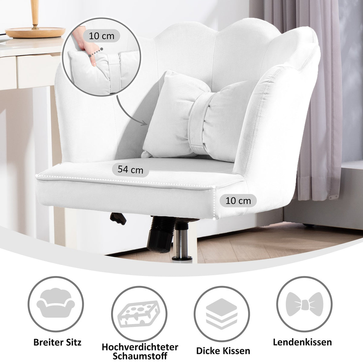 Office chair, desk chair with armrest, rocker function, height-adjustable cosmetic chair with velvet look, padded swivel chair with wide seat for bedroom, white