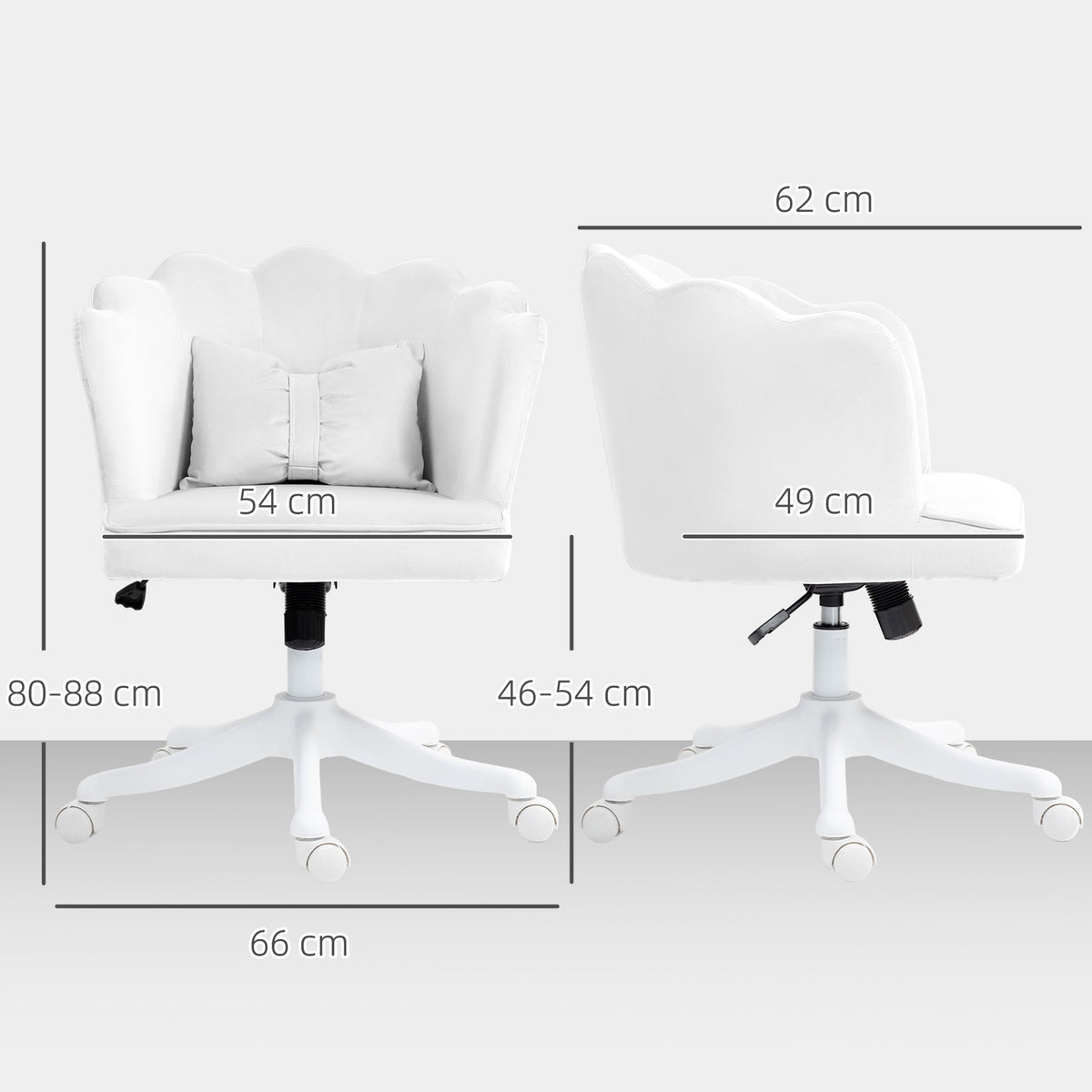 Office chair, desk chair with armrest, rocker function, height-adjustable cosmetic chair with velvet look, padded swivel chair with wide seat for bedroom, white