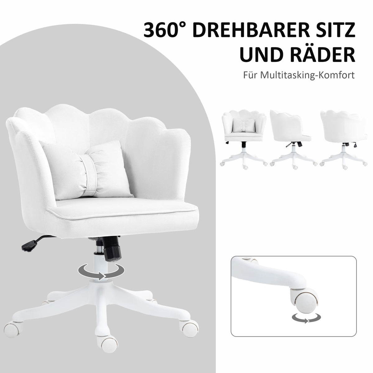 Office chair, desk chair with armrest, rocker function, height-adjustable cosmetic chair with velvet look, padded swivel chair with wide seat for bedroom, white