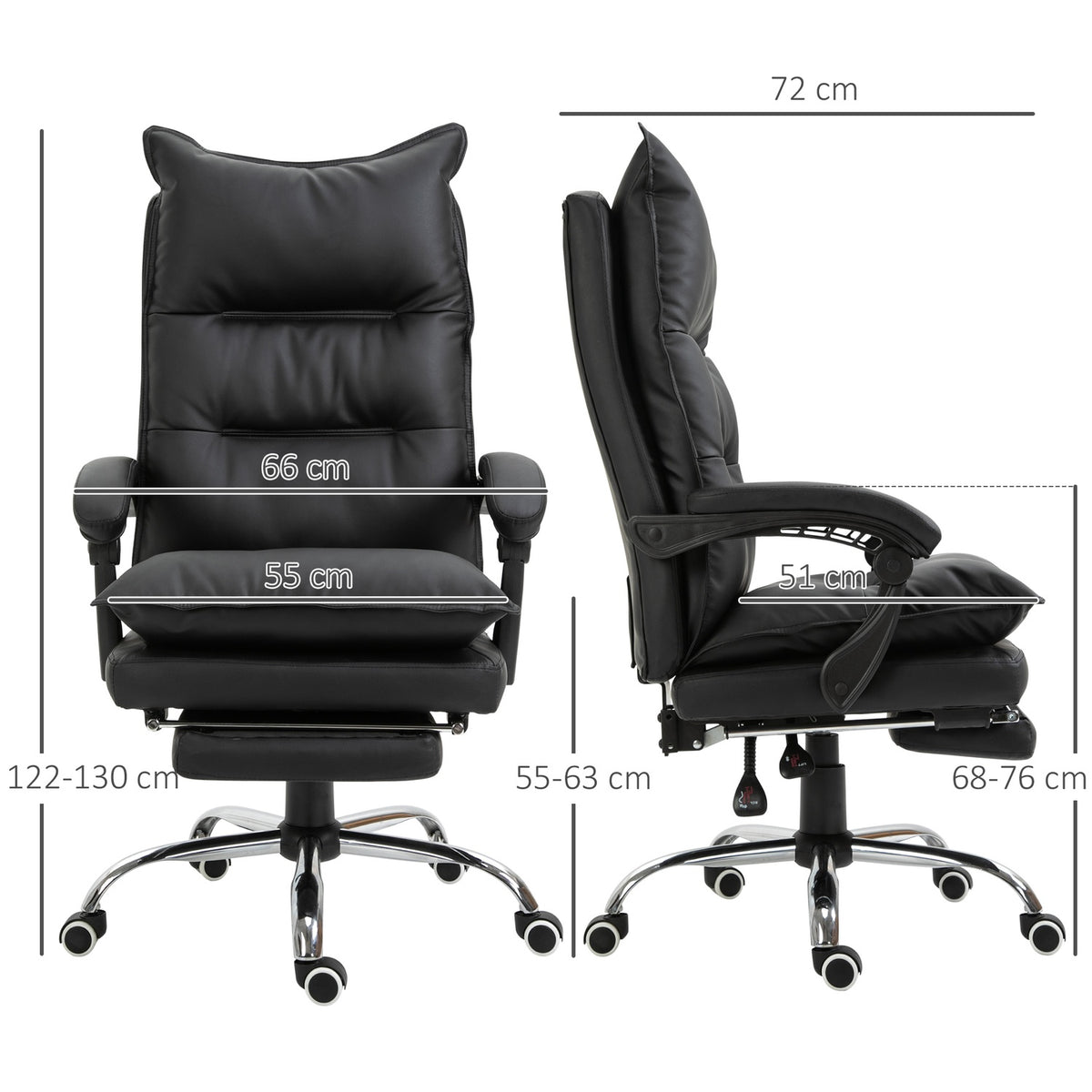 Office chair desk chair with footrest, height adjustable, faux leather, black, 66x72x122-130cm