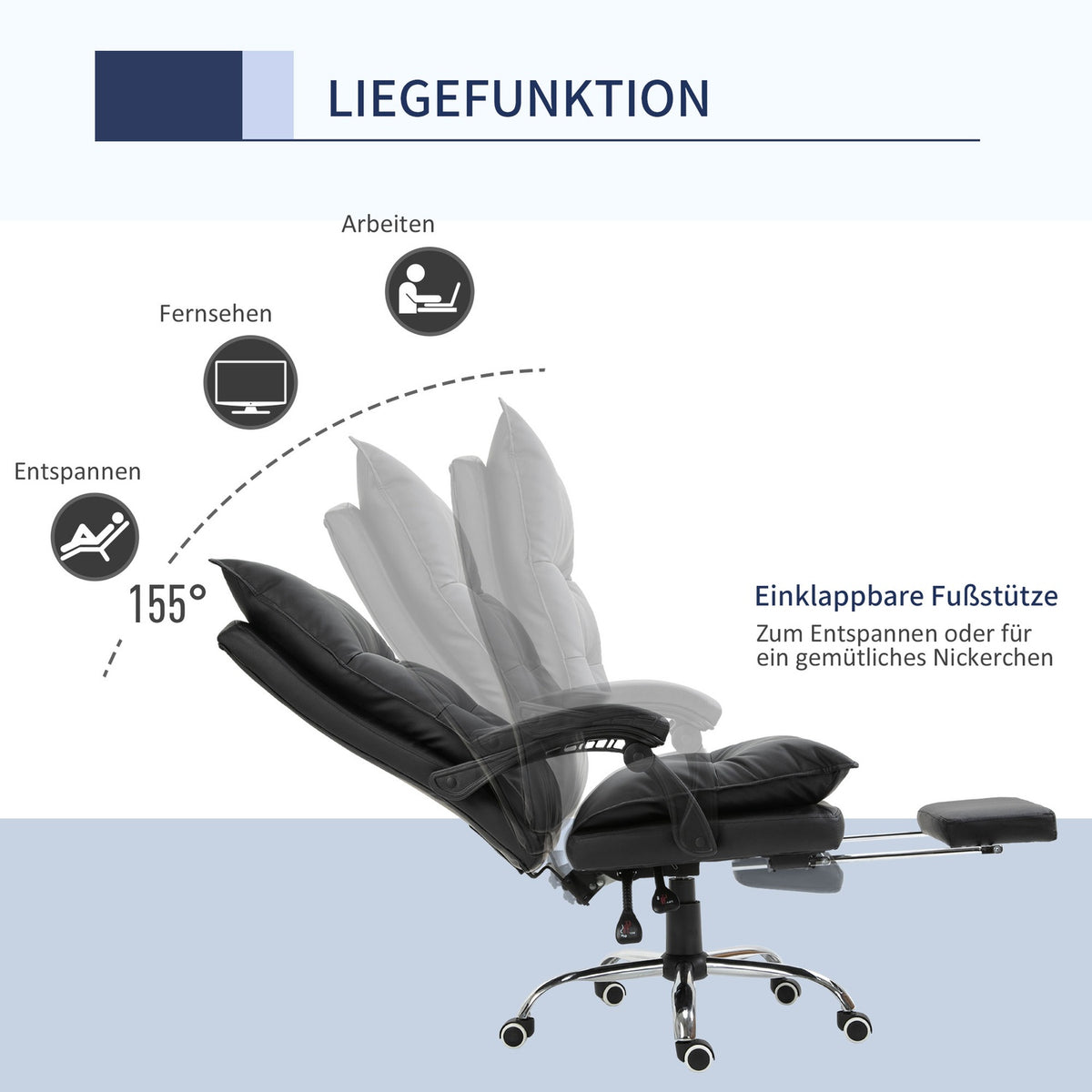 Office chair desk chair with footrest, height adjustable, faux leather, black, 66x72x122-130cm