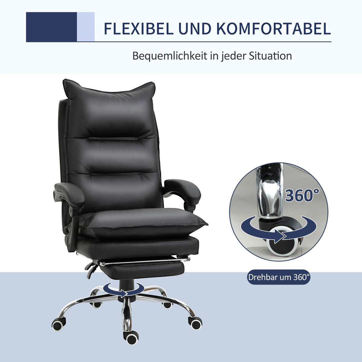 Office chair desk chair with footrest, height adjustable, faux leather, black, 66x72x122-130cm