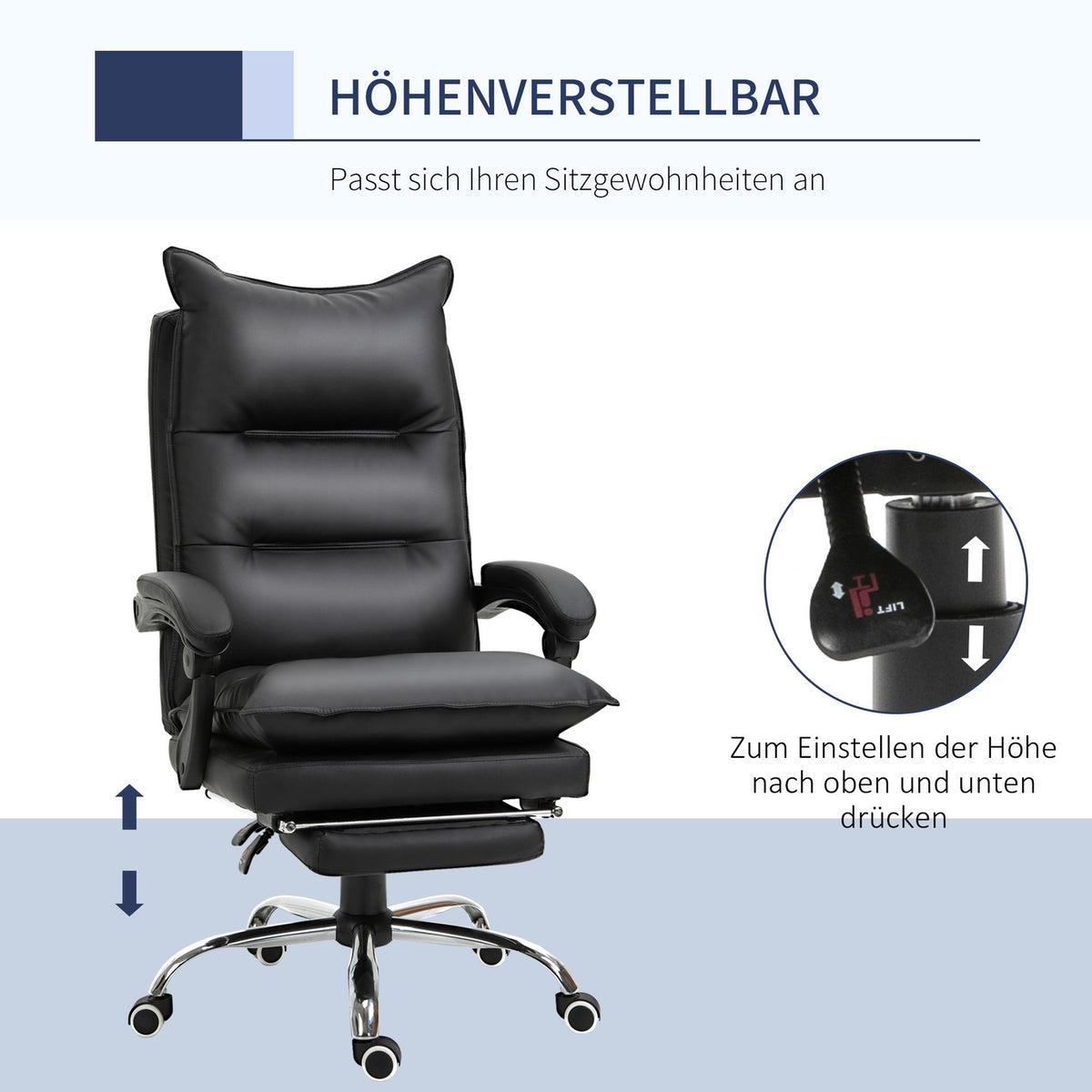 Office chair desk chair with footrest, height adjustable, faux leather, black, 66x72x122-130cm