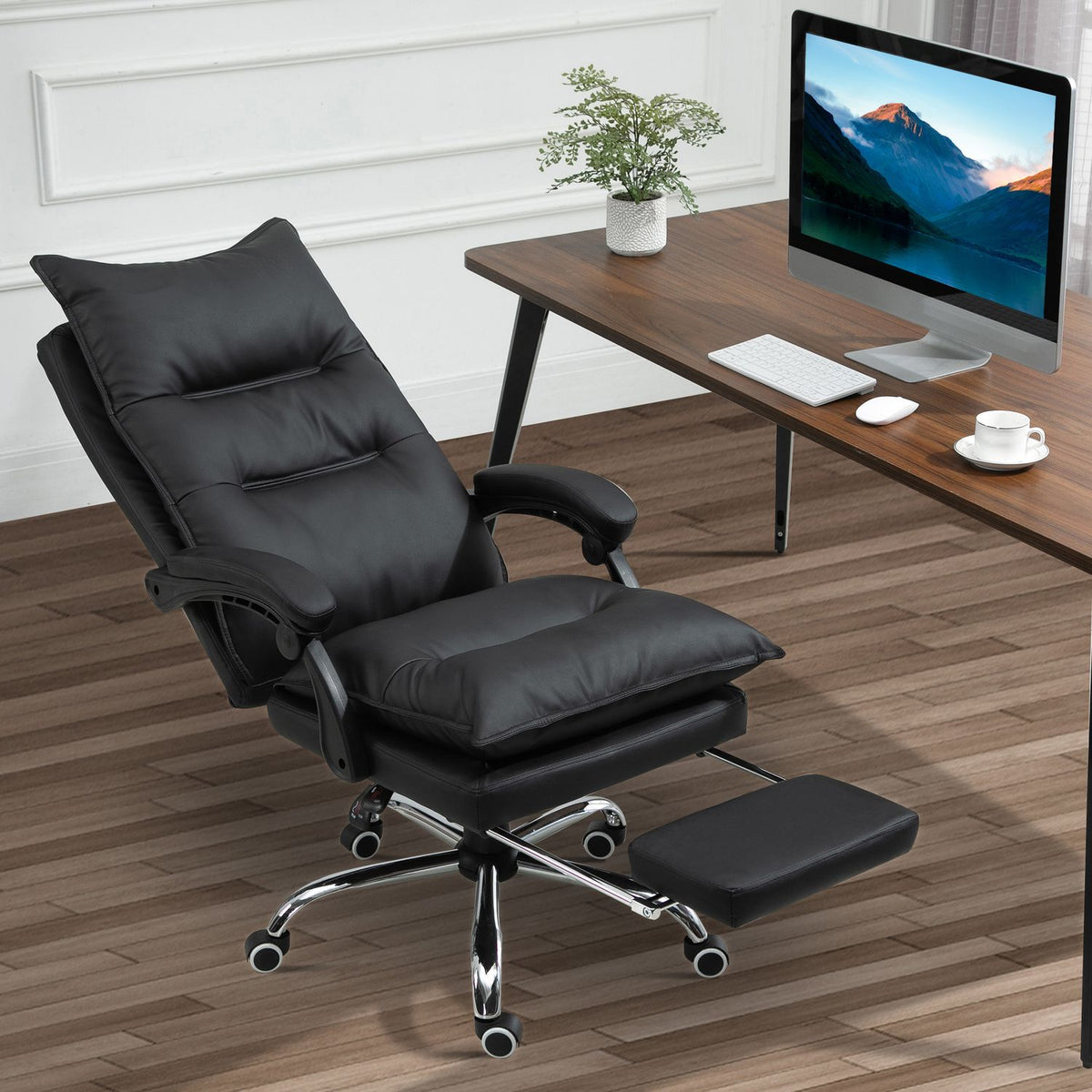 Office chair desk chair with footrest, height adjustable, faux leather, black, 66x72x122-130cm