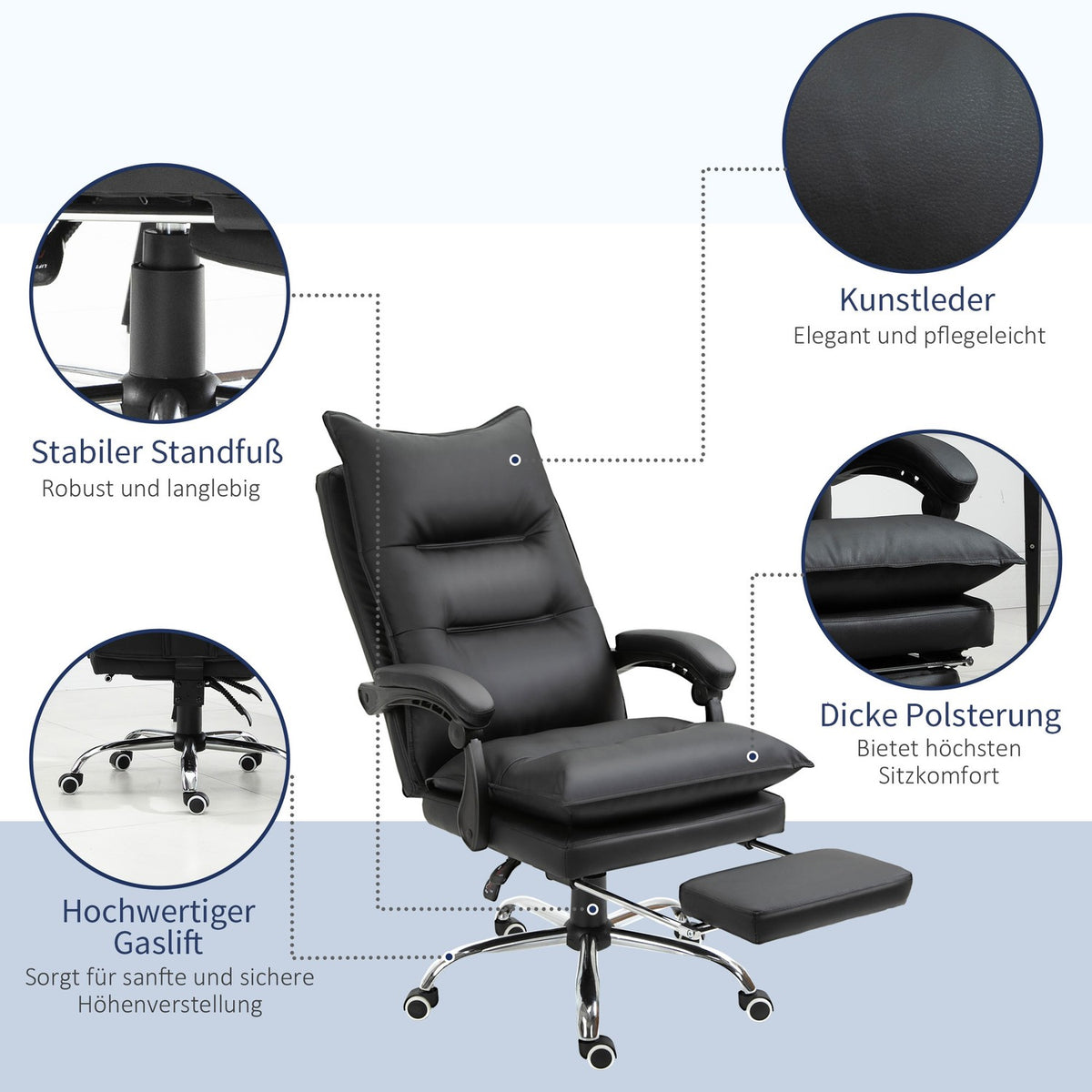 Office chair desk chair with footrest, height adjustable, faux leather, black, 66x72x122-130cm