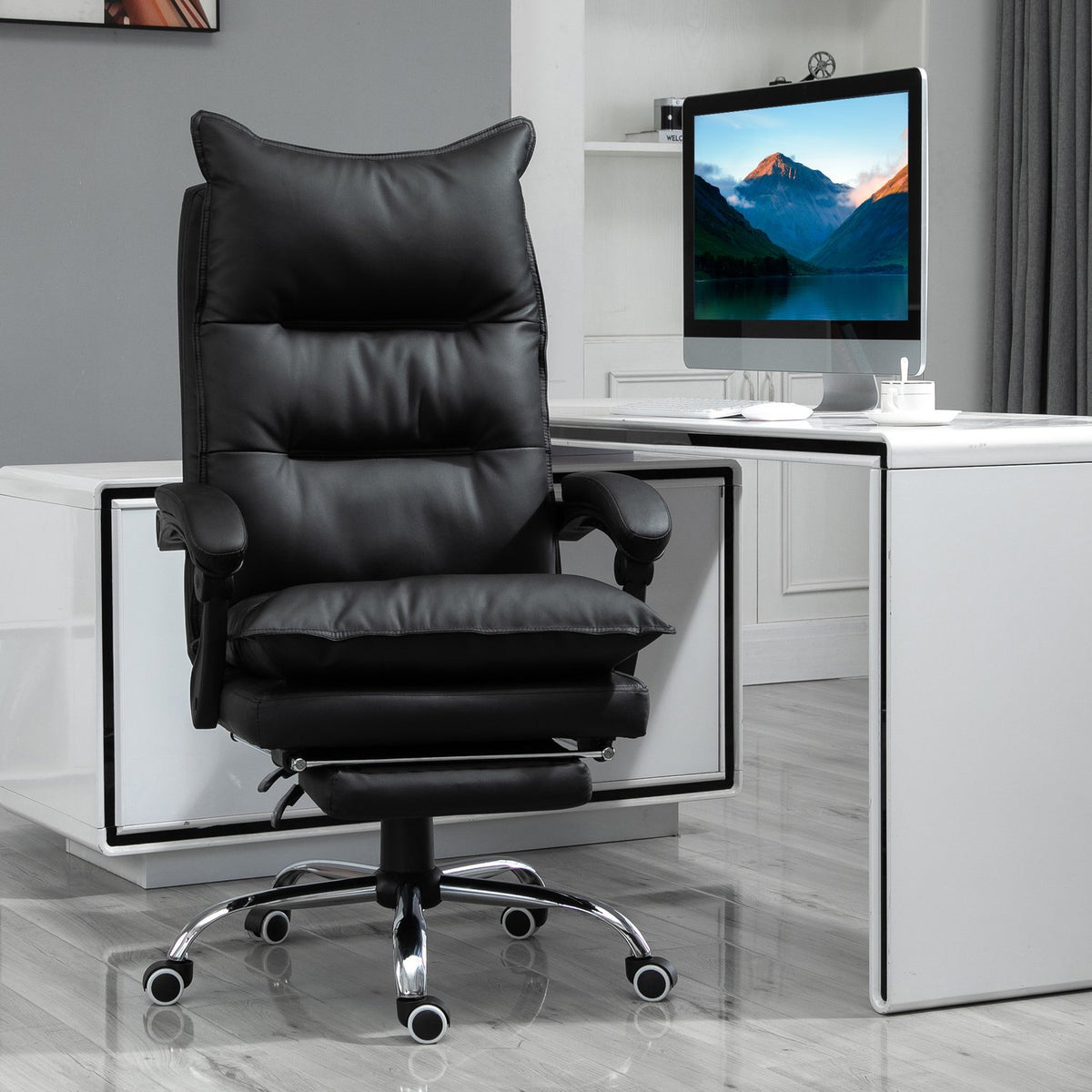 Office chair desk chair with footrest, height adjustable, faux leather, black, 66x72x122-130cm
