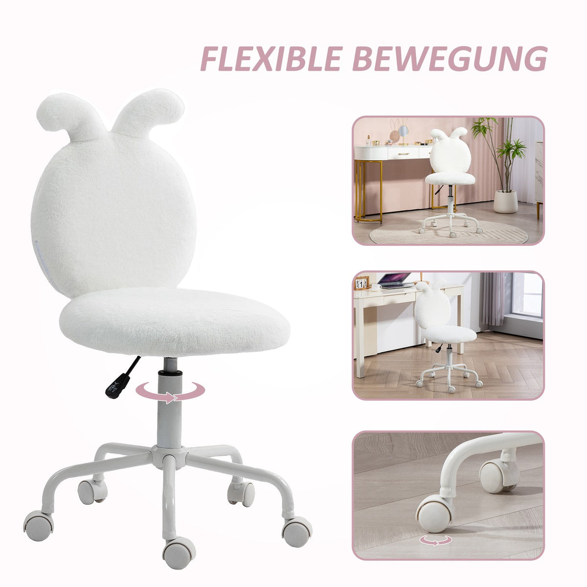 Office chair, desk chair with rabbit ears, height-adjustable cosmetic chair with velvet look, swivel chair, make-up chair for bedroom, white