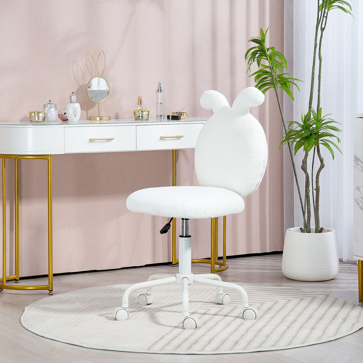Office chair, desk chair with rabbit ears, height-adjustable cosmetic chair with velvet look, swivel chair, make-up chair for bedroom, white
