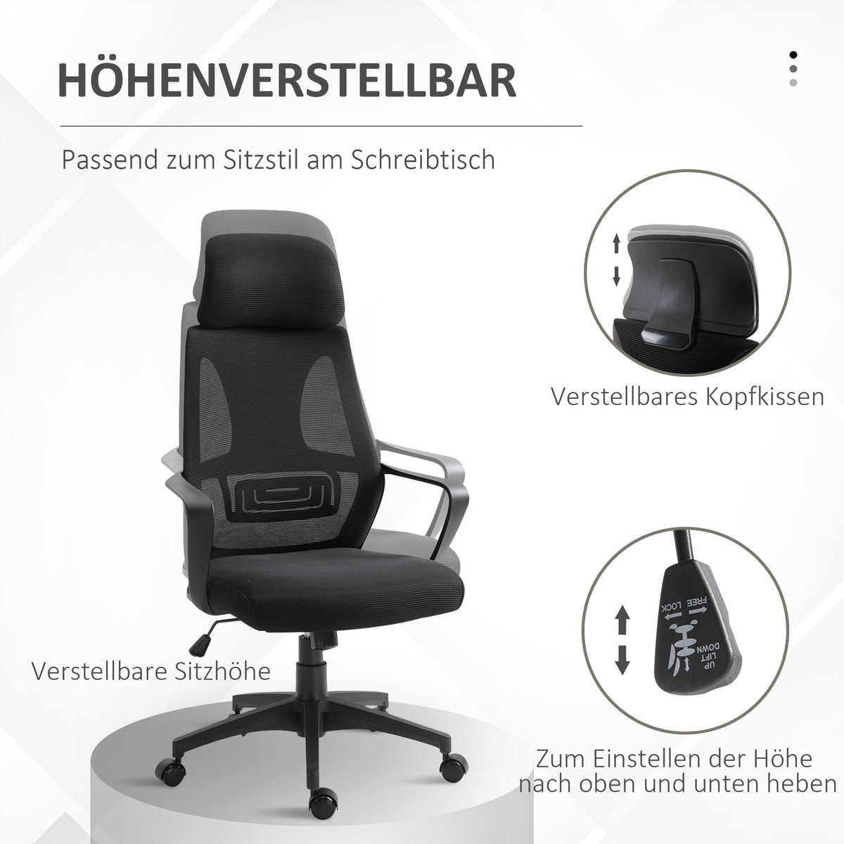 Office chair, desk chair with rocking function, height adjustable with headrest, lumbar support, black