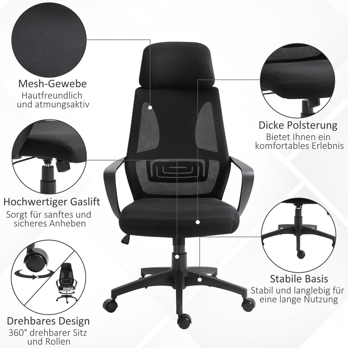 Office chair, desk chair with rocking function, height adjustable with headrest, lumbar support, black