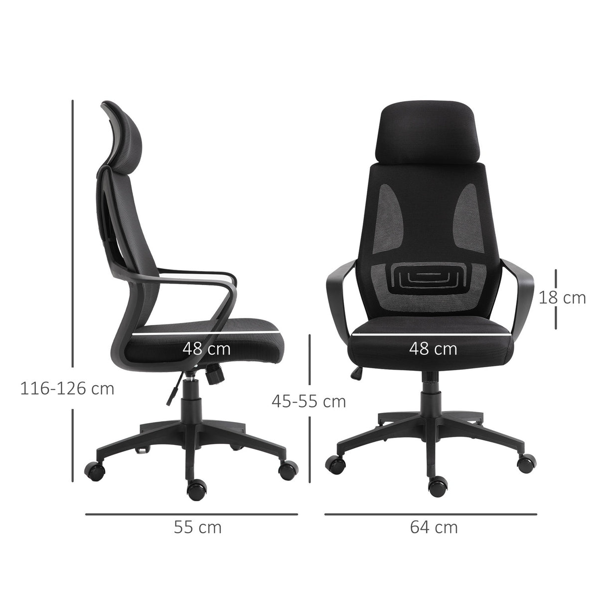 Office chair, desk chair with rocking function, height adjustable with headrest, lumbar support, black
