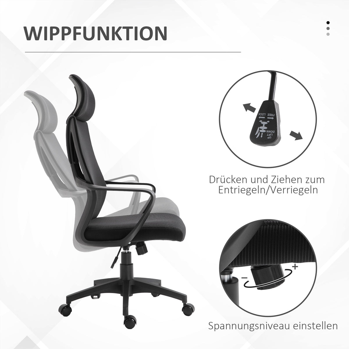 Office chair, desk chair with rocking function, height adjustable with headrest, lumbar support, black