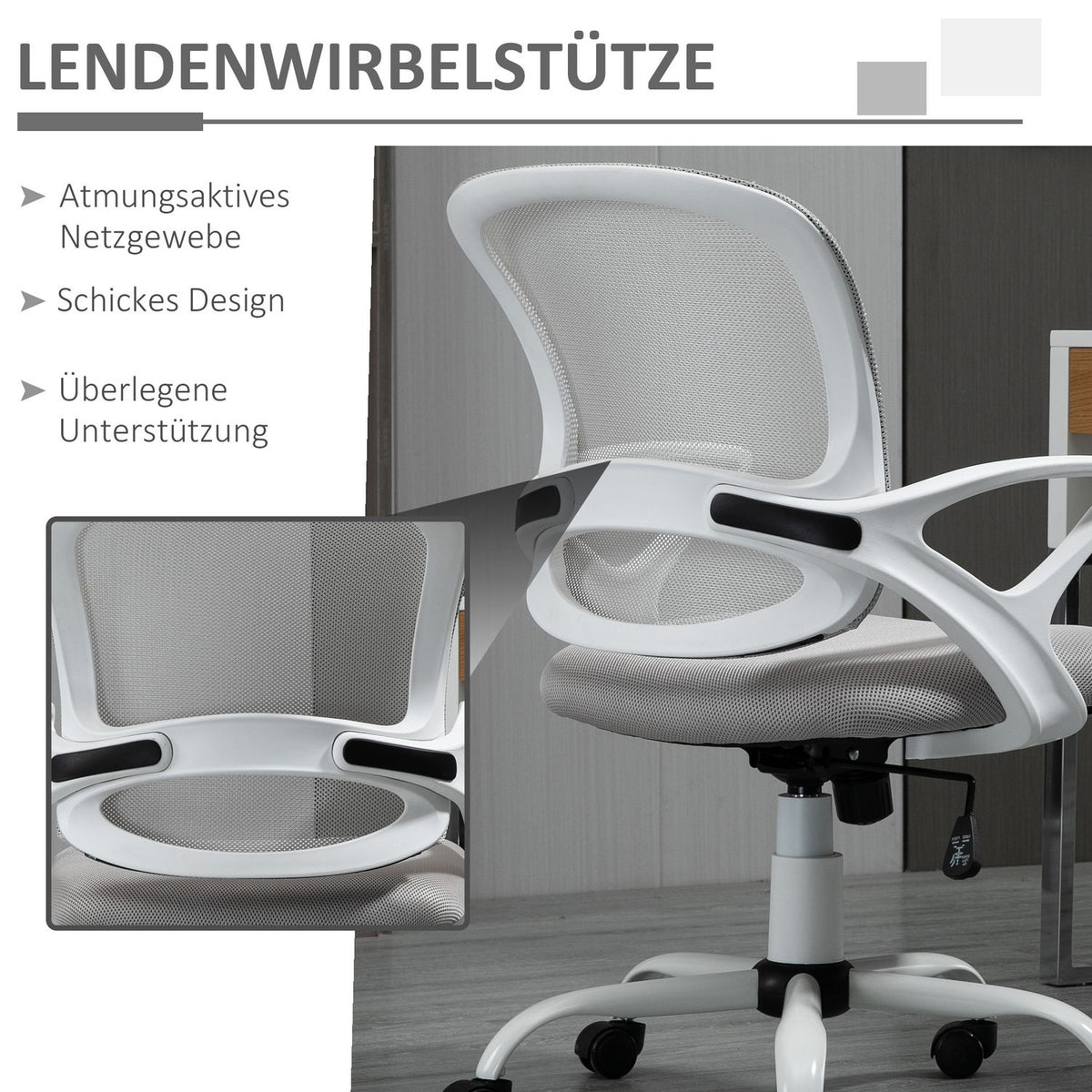 Office chair, desk chair with wheels, ergonomic, height-adjustable, grey