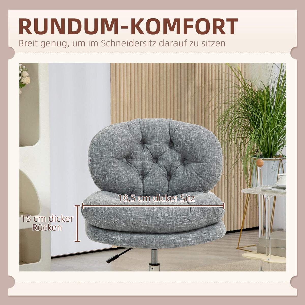 Office chair, ergonomic desk chair, soft and padded seat, height-adjustable swivel chair with linen look, for home office, gray