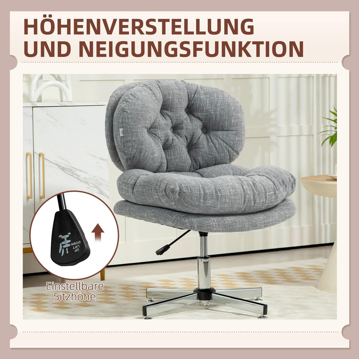 Office chair, ergonomic desk chair, soft and padded seat, height-adjustable swivel chair with linen look, for home office, gray