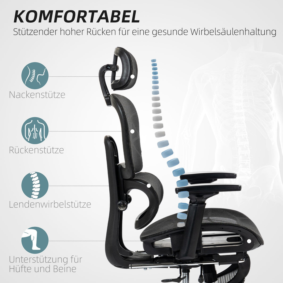 Office chair ergonomic desk chair with armrest, headrest, lumbar support, height-adjustable mesh swivel chair with rocker function, reclining function, footrest black