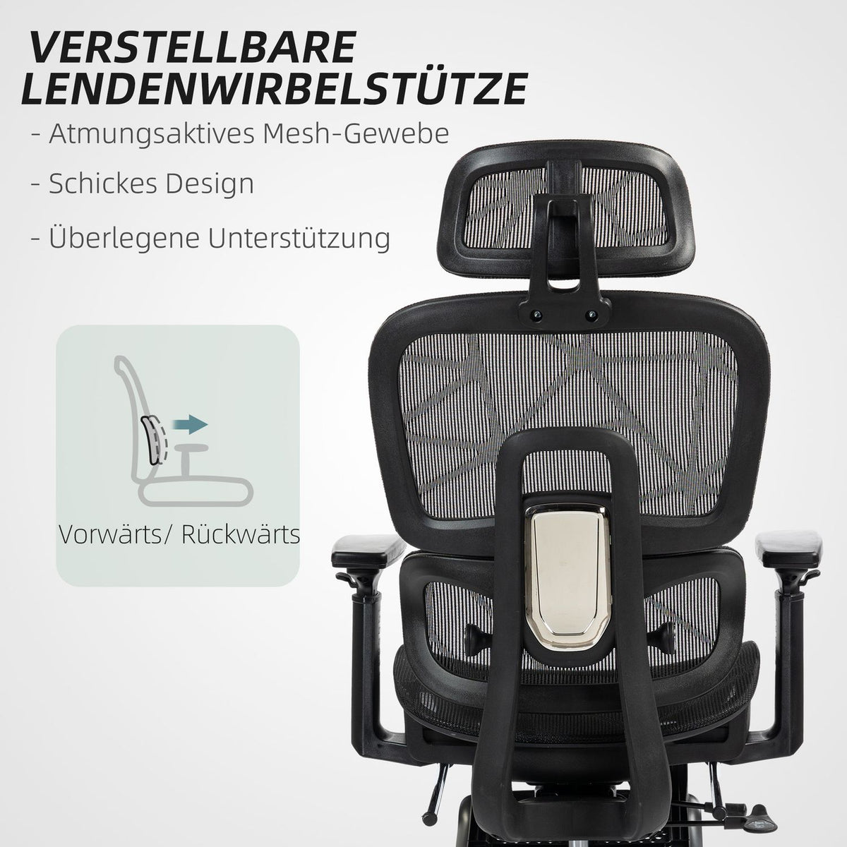 Office chair ergonomic desk chair with armrest, headrest, lumbar support, height-adjustable mesh swivel chair with rocker function, reclining function, footrest black