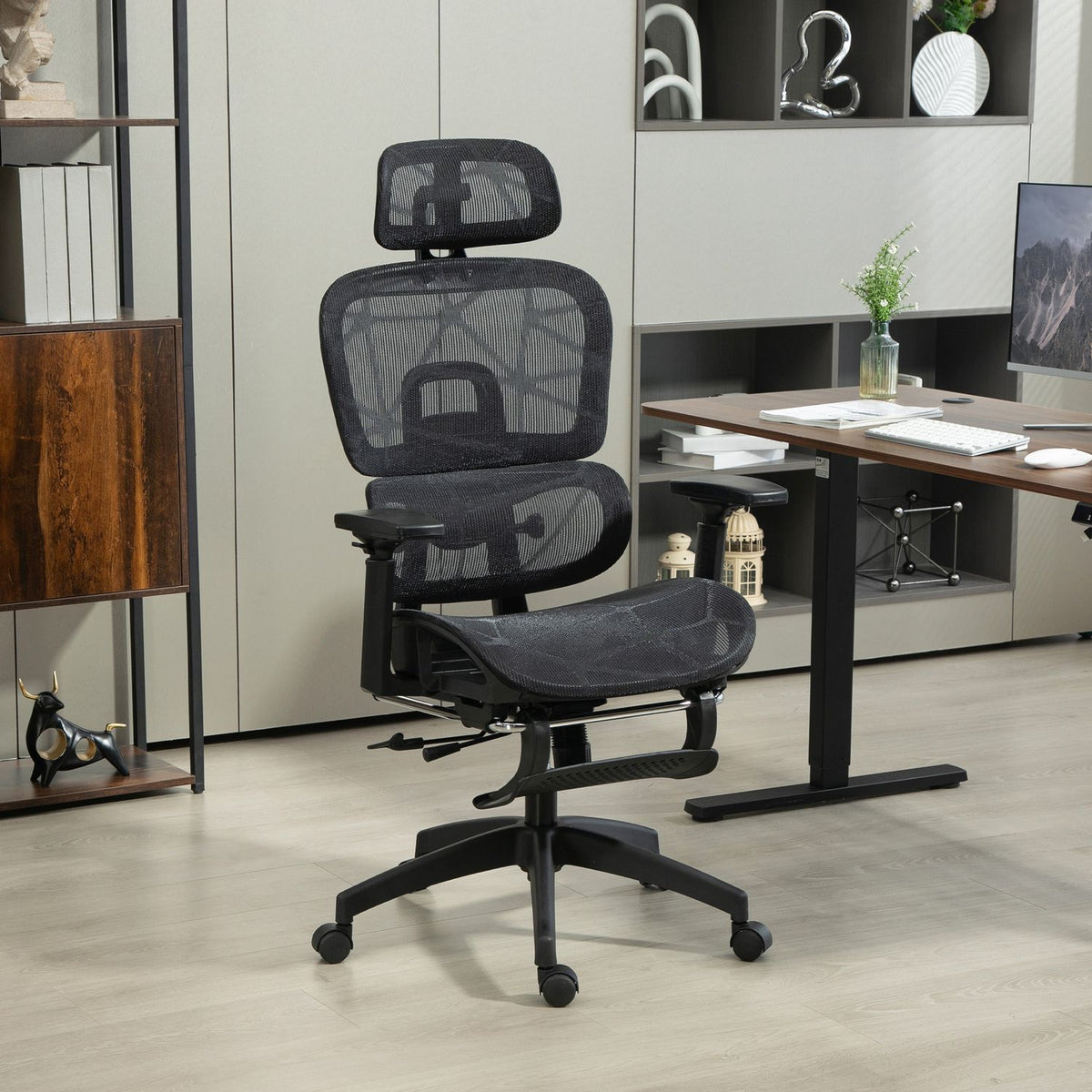 Office chair ergonomic desk chair with armrest, headrest, lumbar support, height-adjustable mesh swivel chair with rocker function, reclining function, footrest black