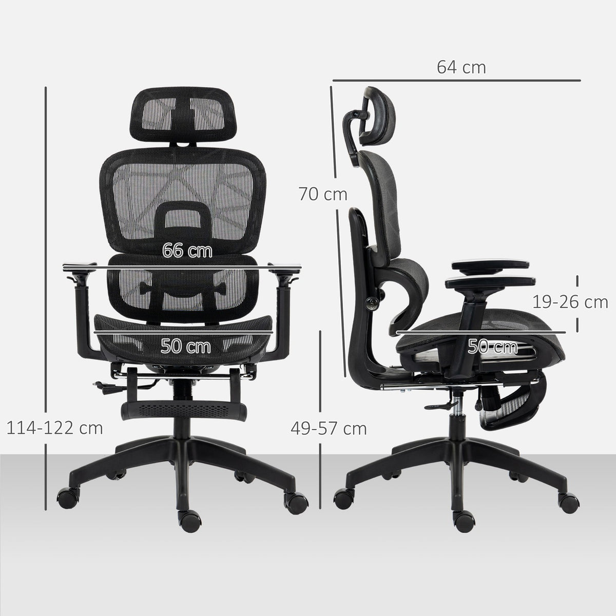 Office chair ergonomic desk chair with armrest, headrest, lumbar support, height-adjustable mesh swivel chair with rocker function, reclining function, footrest black