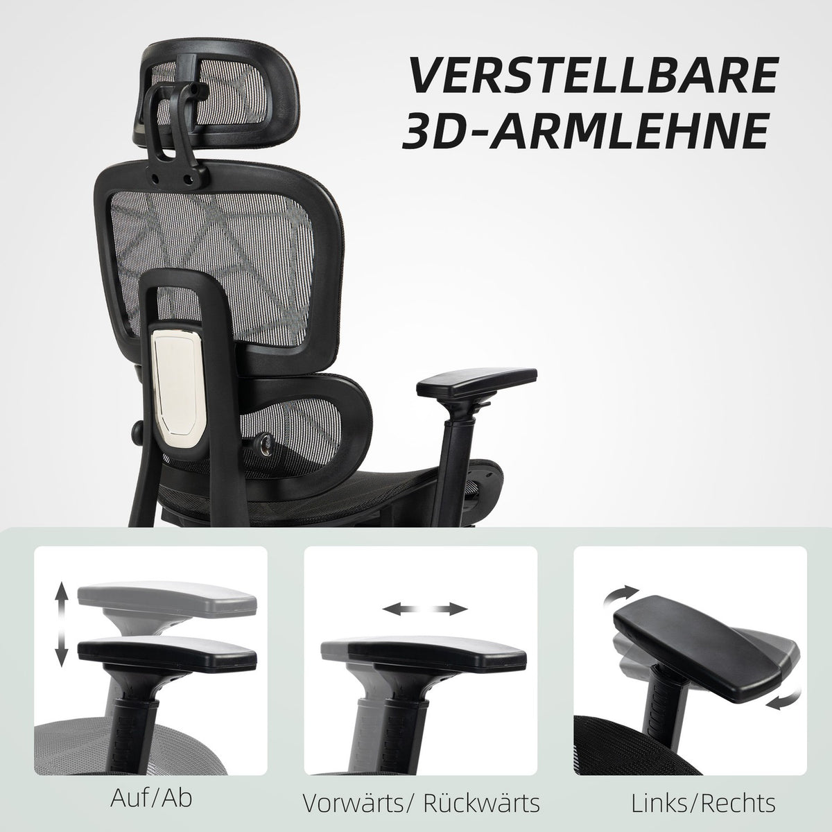 Office chair ergonomic desk chair with armrest, headrest, lumbar support, height-adjustable mesh swivel chair with rocker function, reclining function, footrest black