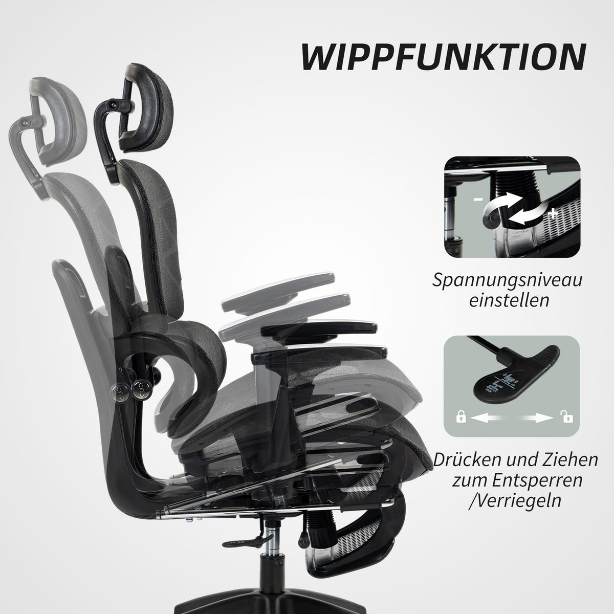 Office chair ergonomic desk chair with armrest, headrest, lumbar support, height-adjustable mesh swivel chair with rocker function, reclining function, footrest black