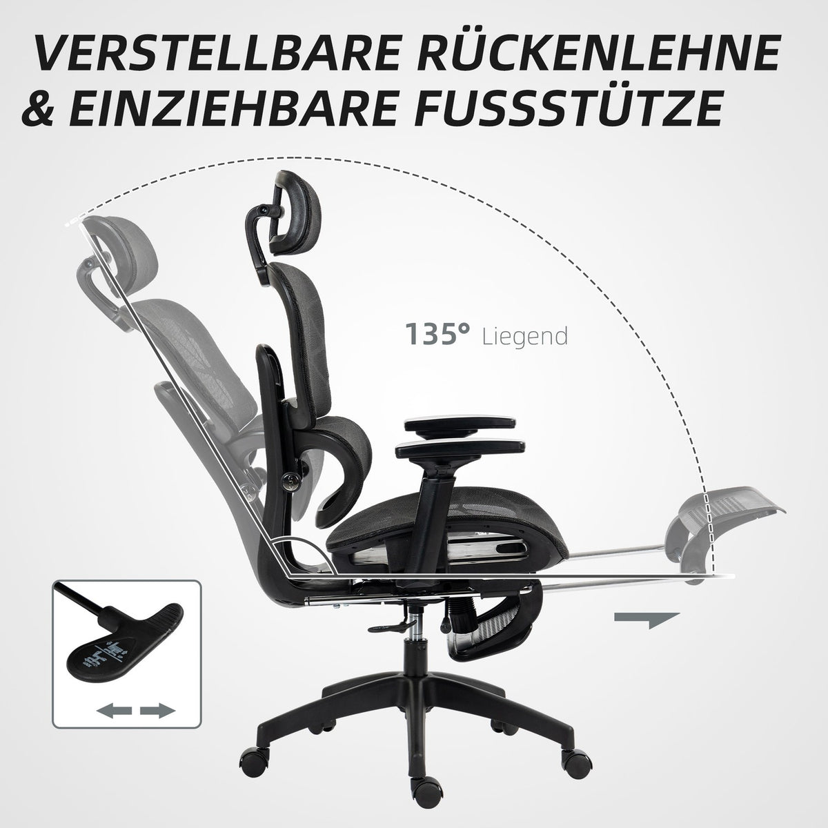 Office chair ergonomic desk chair with armrest, headrest, lumbar support, height-adjustable mesh swivel chair with rocker function, reclining function, footrest black