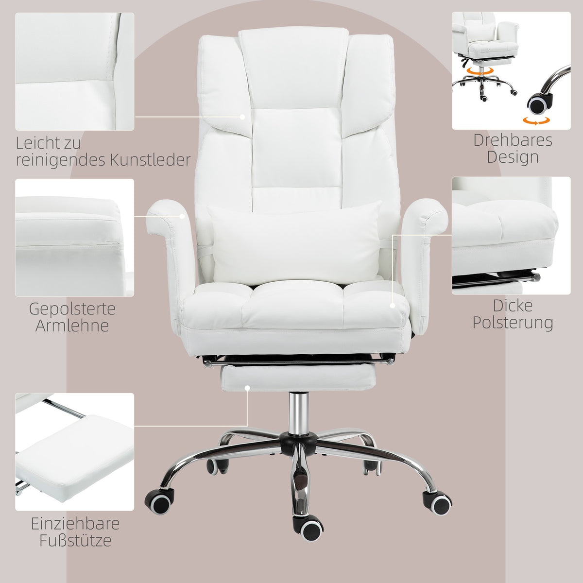 Office chair, ergonomic desk chair with reclining function, lumbar cushion, height-adjustable computer chair with footrest, swivel function, for home office, faux leather, white