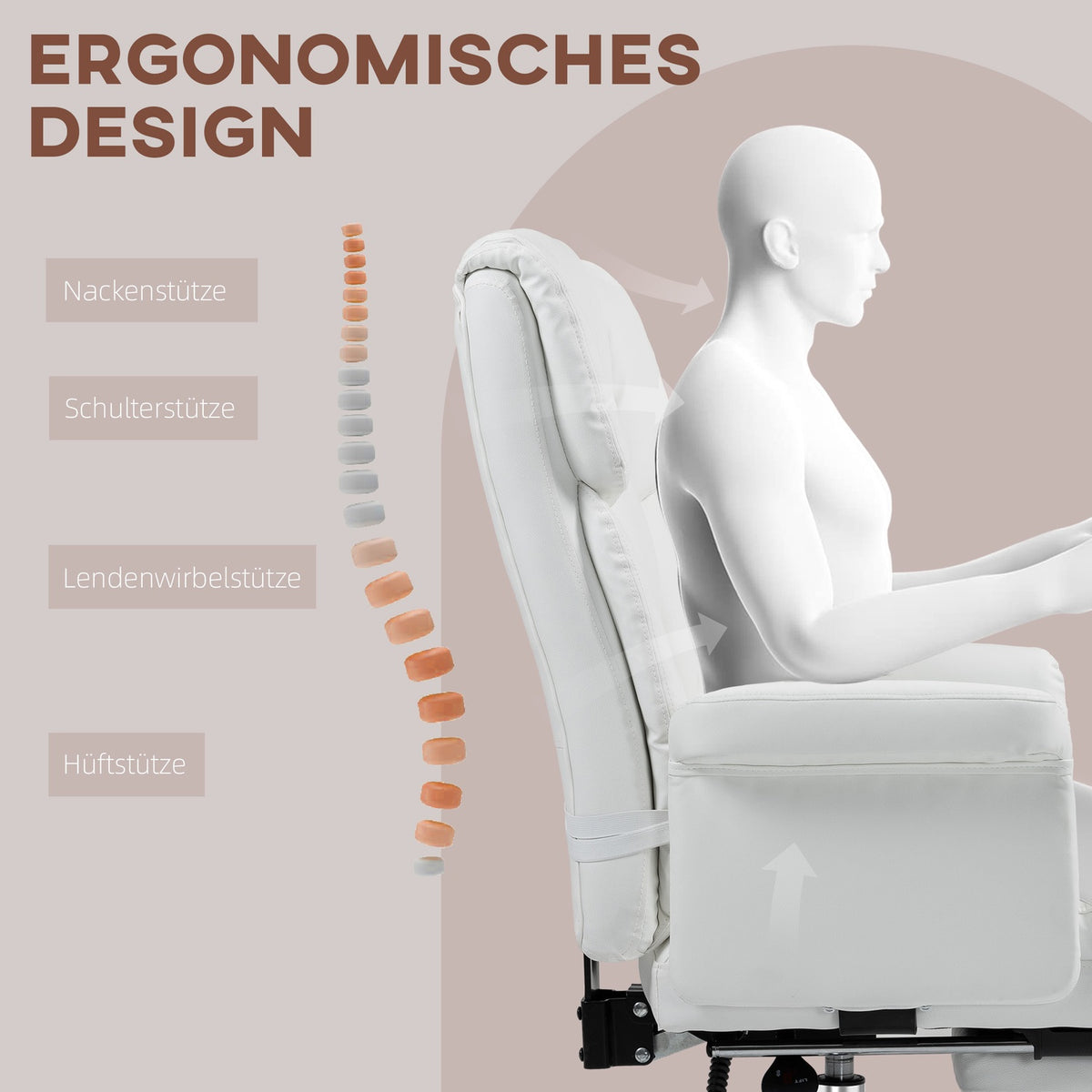 Office chair, ergonomic desk chair with reclining function, lumbar cushion, height-adjustable computer chair with footrest, swivel function, for home office, faux leather, white