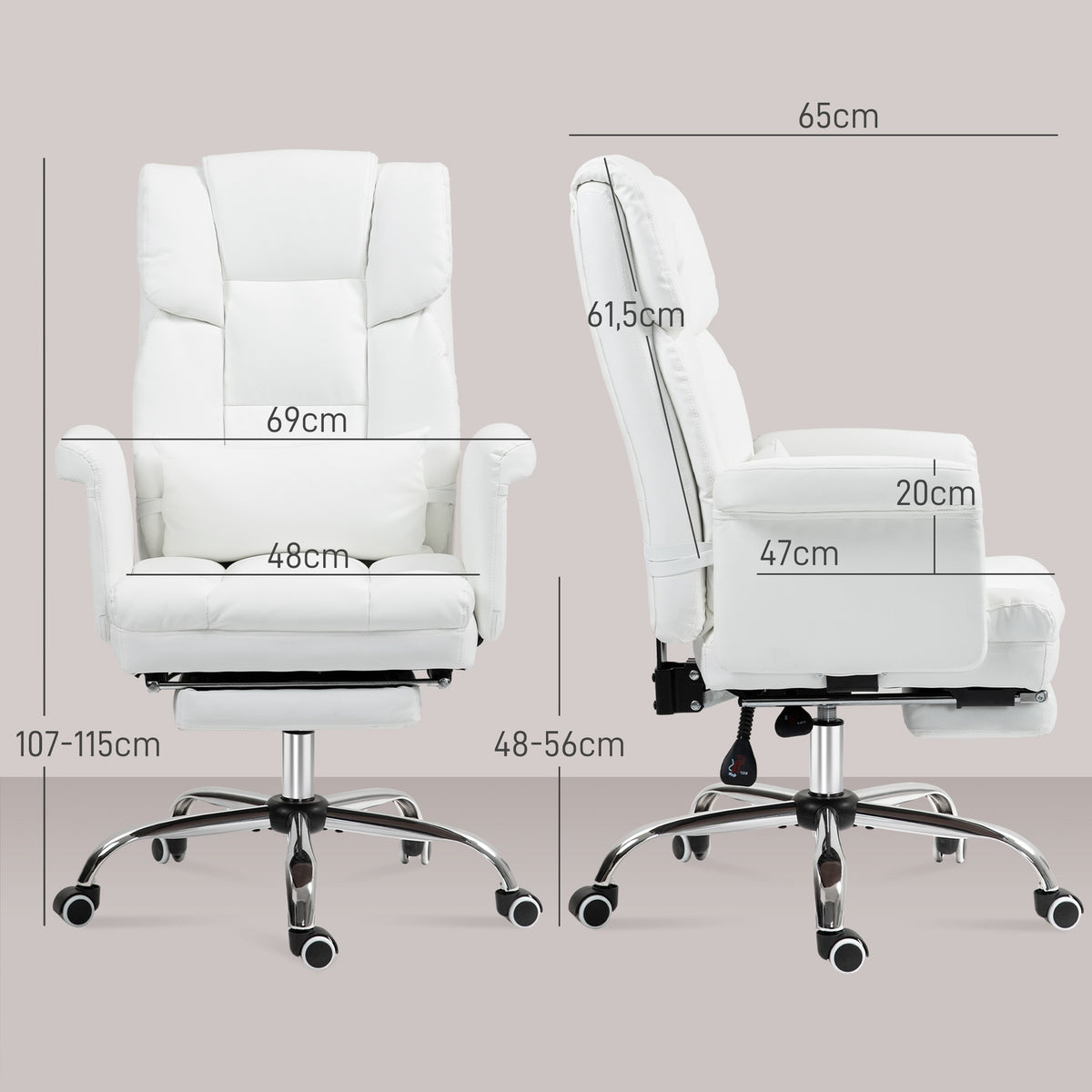 Office chair, ergonomic desk chair with reclining function, lumbar cushion, height-adjustable computer chair with footrest, swivel function, for home office, faux leather, white