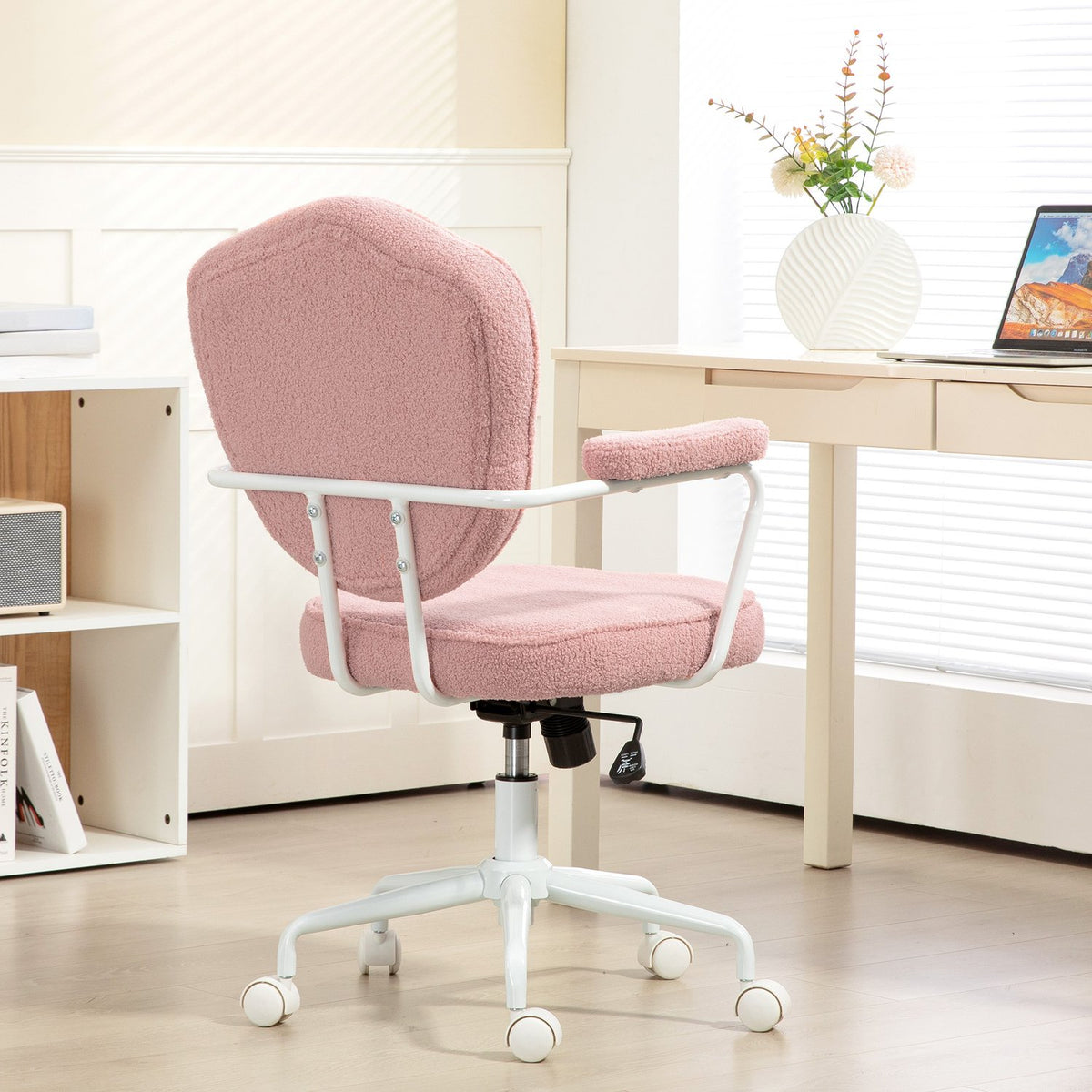 Office chair, ergonomic desk chair with rocker function, buttoned cover, height-adjustable computer chair with swivel function, for home office, teddy bear fleece, pink