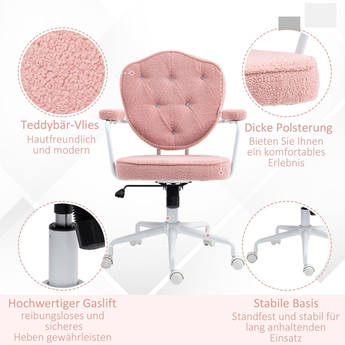 Office chair, ergonomic desk chair with rocker function, buttoned cover, height-adjustable computer chair with swivel function, for home office, teddy bear fleece, pink