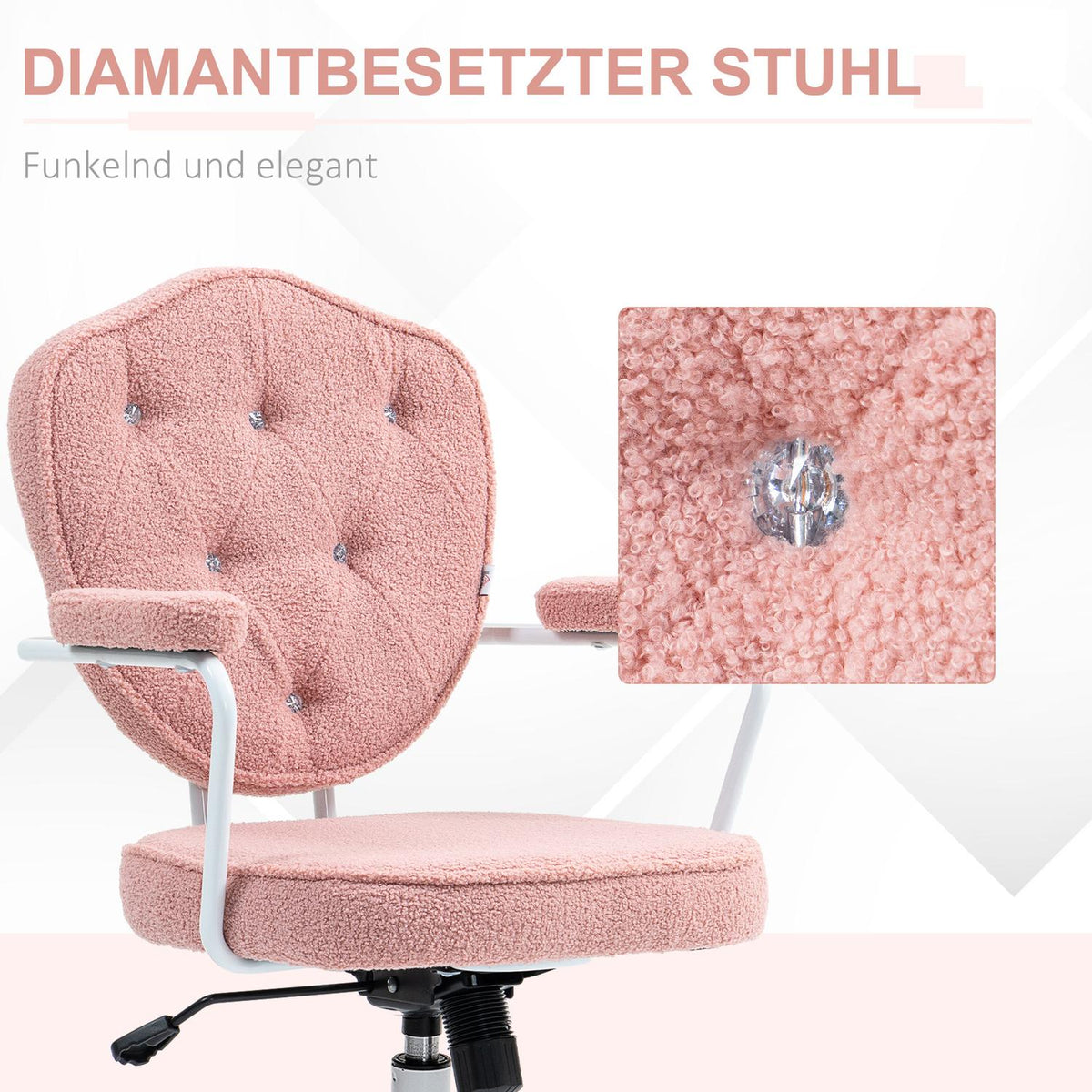 Office chair, ergonomic desk chair with rocker function, buttoned cover, height-adjustable computer chair with swivel function, for home office, teddy bear fleece, pink