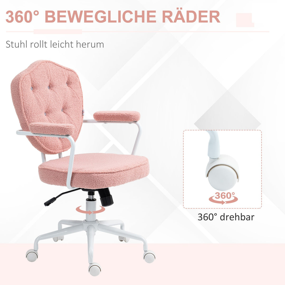 Office chair, ergonomic desk chair with rocker function, buttoned cover, height-adjustable computer chair with swivel function, for home office, teddy bear fleece, pink
