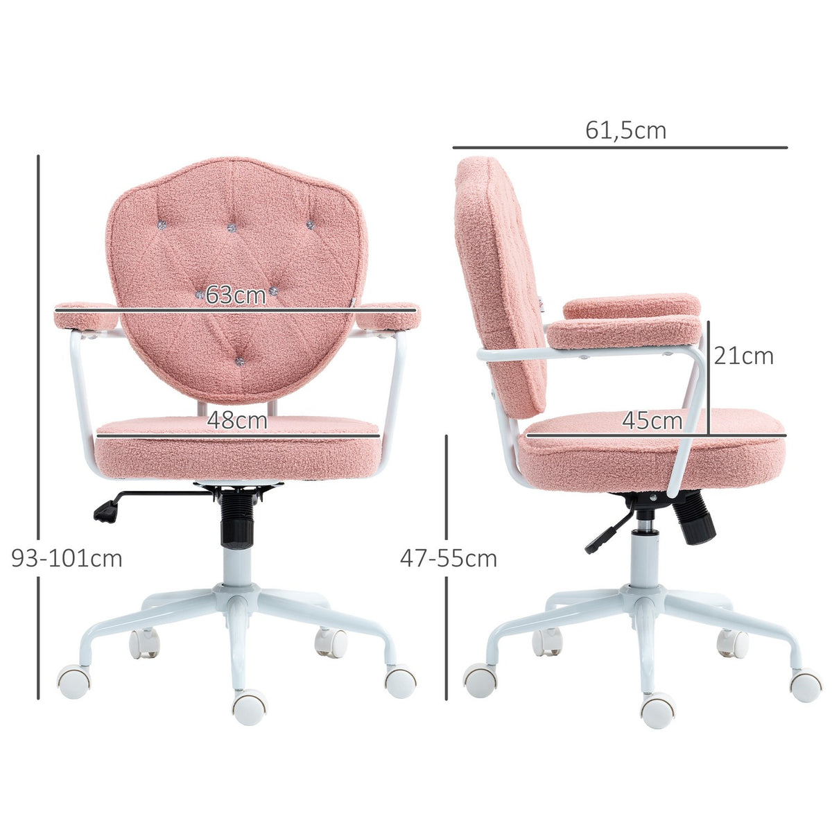 Office chair, ergonomic desk chair with rocker function, buttoned cover, height-adjustable computer chair with swivel function, for home office, teddy bear fleece, pink