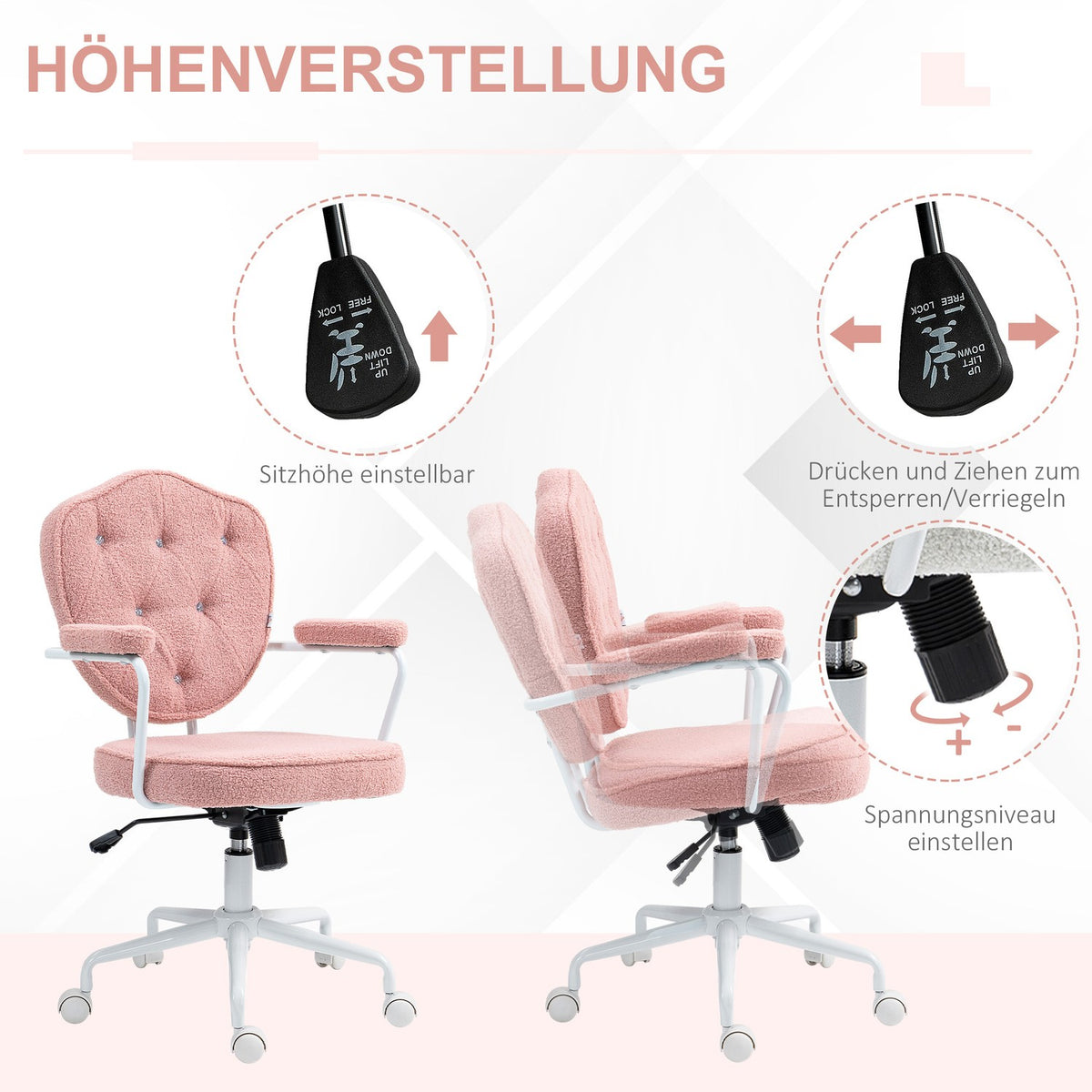 Office chair, ergonomic desk chair with rocker function, buttoned cover, height-adjustable computer chair with swivel function, for home office, teddy bear fleece, pink