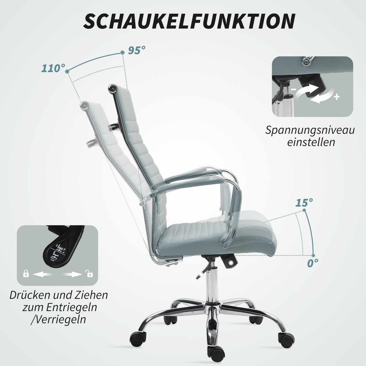 Office chair, ergonomic desk chair with rocker function, height-adjustable swivel chair with armrest, computer chair, faux leather, light gray