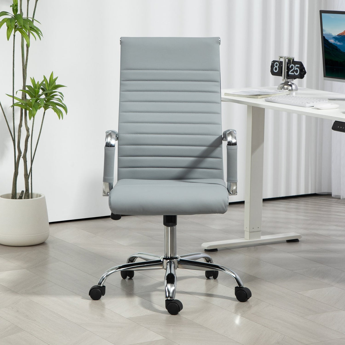 Office chair, ergonomic desk chair with rocker function, height-adjustable swivel chair with armrest, computer chair, faux leather, light gray